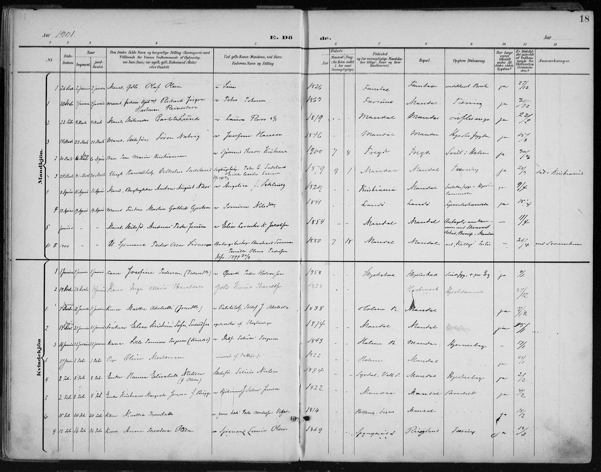 Mandal sokneprestkontor, SAK/1111-0030/F/Fa/Faa/L0021: Parish register (official) no. A 21, 1898-1913, p. 18