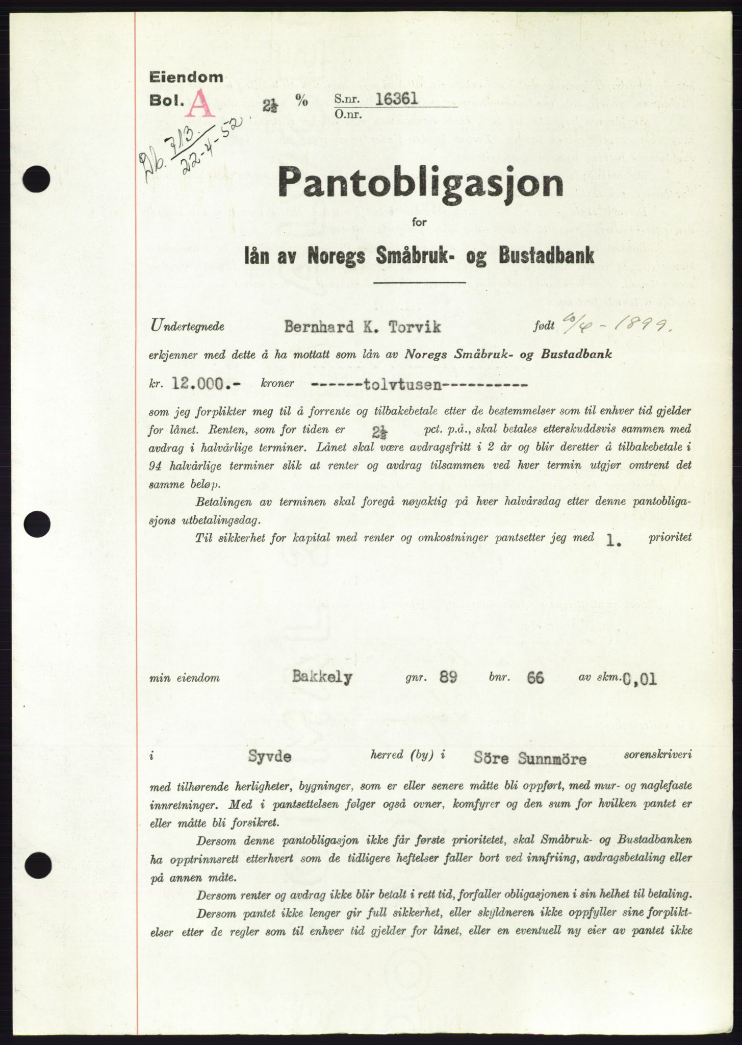 Søre Sunnmøre sorenskriveri, AV/SAT-A-4122/1/2/2C/L0121: Mortgage book no. 9B, 1951-1952, Diary no: : 713/1952