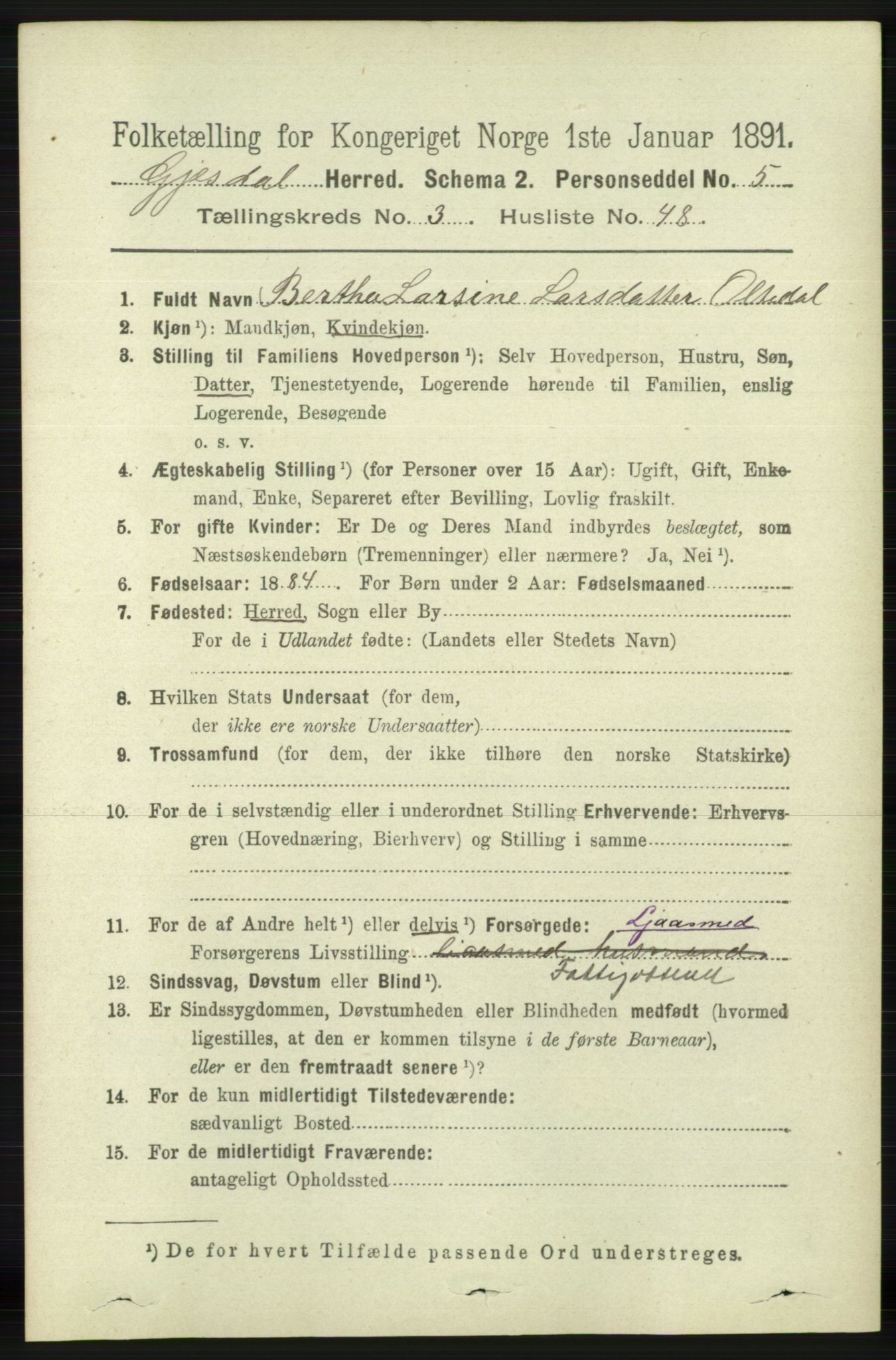 RA, 1891 census for 1122 Gjesdal, 1891, p. 1134