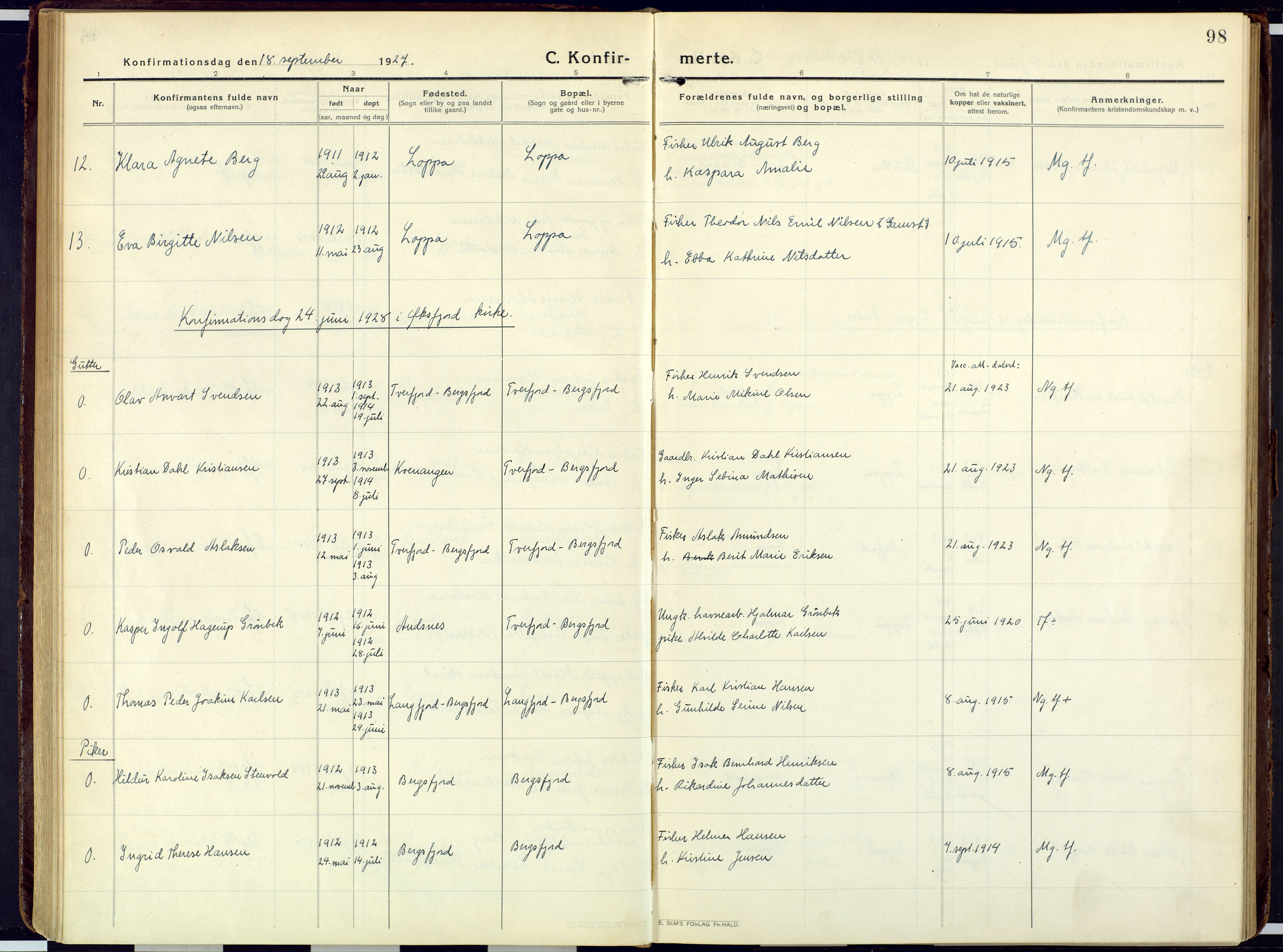 Loppa sokneprestkontor, SATØ/S-1339/H/Ha/L0013kirke: Parish register (official) no. 13, 1920-1932, p. 98