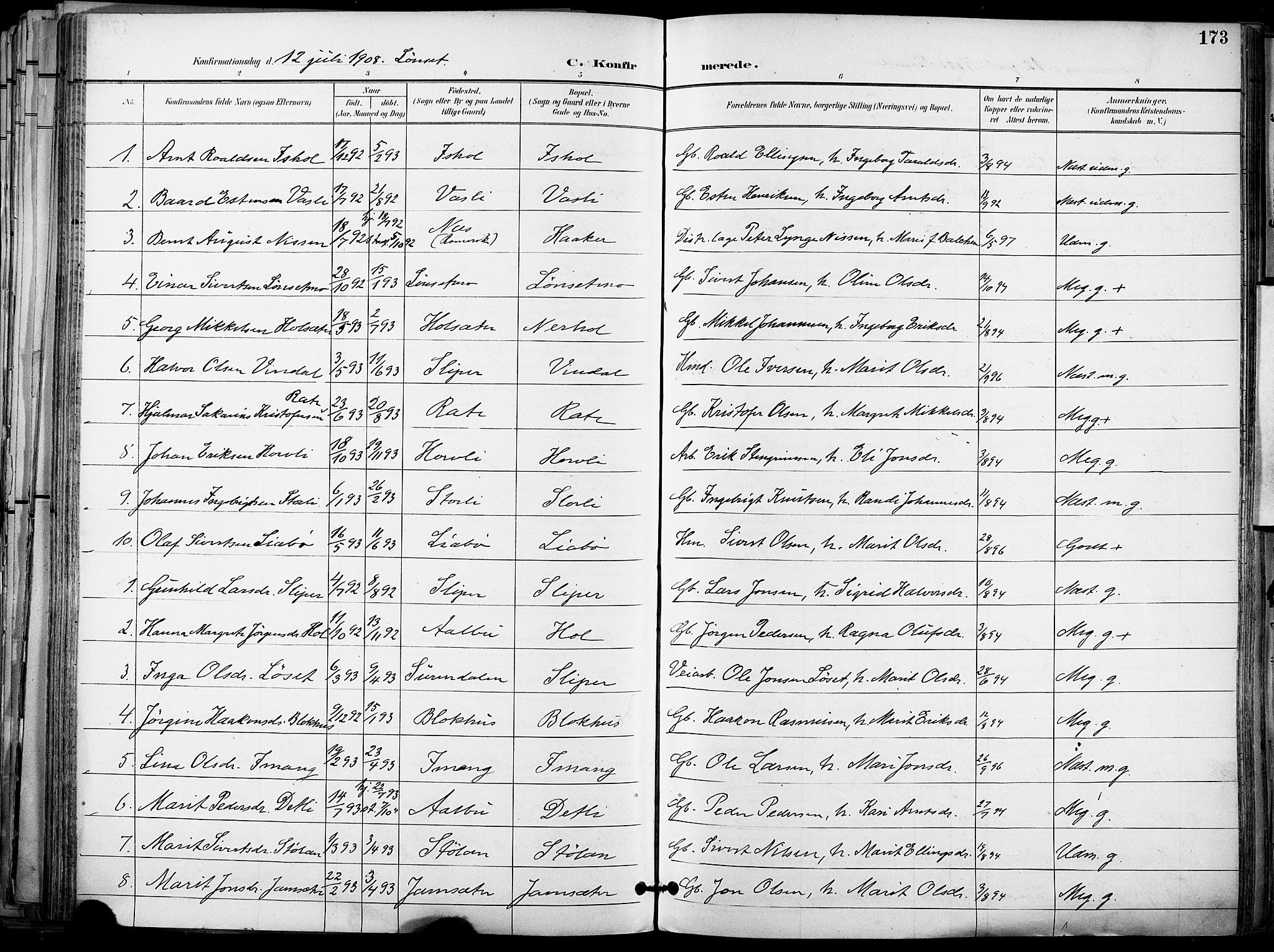 Ministerialprotokoller, klokkerbøker og fødselsregistre - Sør-Trøndelag, SAT/A-1456/678/L0902: Parish register (official) no. 678A11, 1895-1911, p. 173