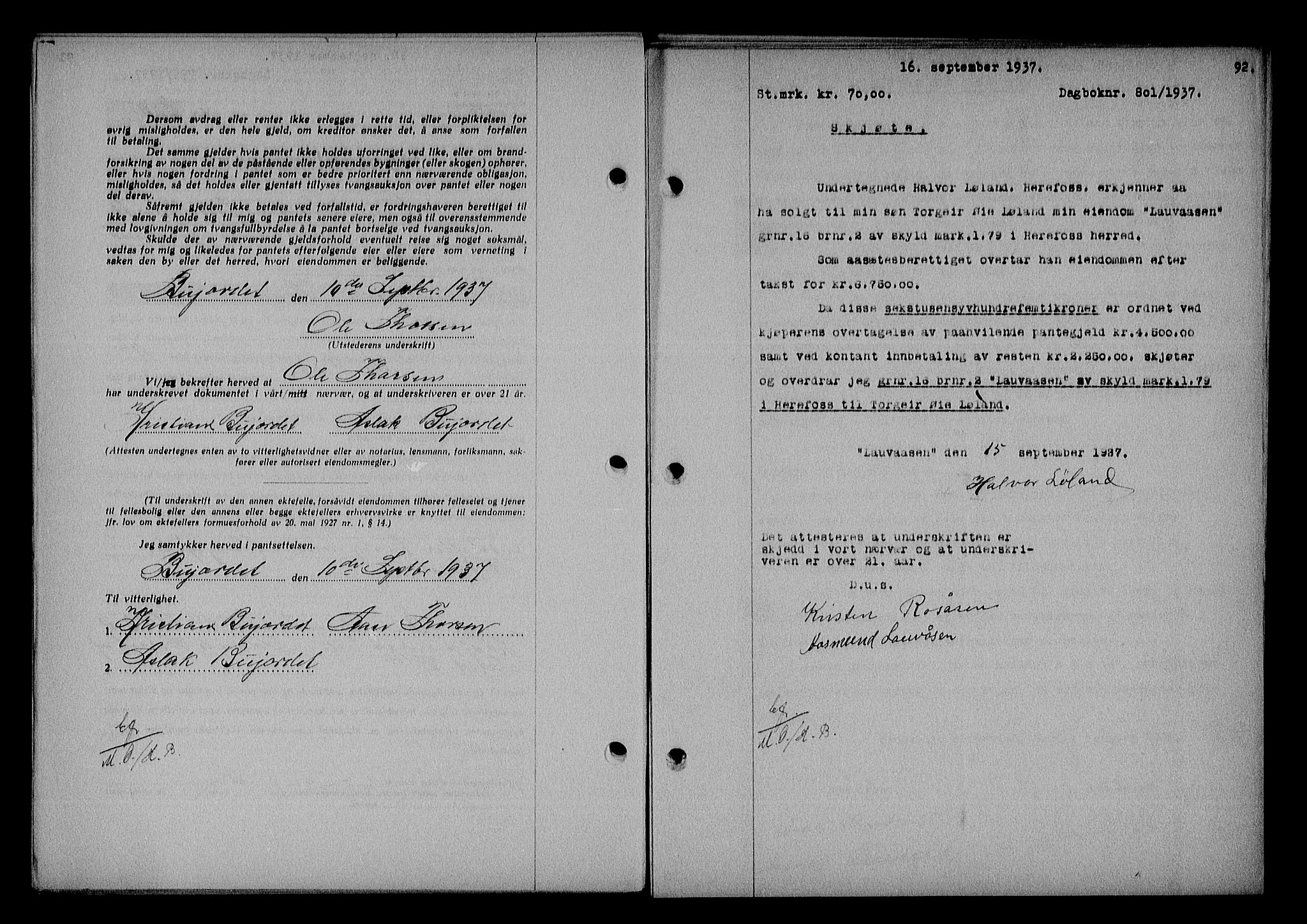 Nedenes sorenskriveri, SAK/1221-0006/G/Gb/Gba/L0044: Mortgage book no. 40, 1937-1938, Diary no: : 801/1937