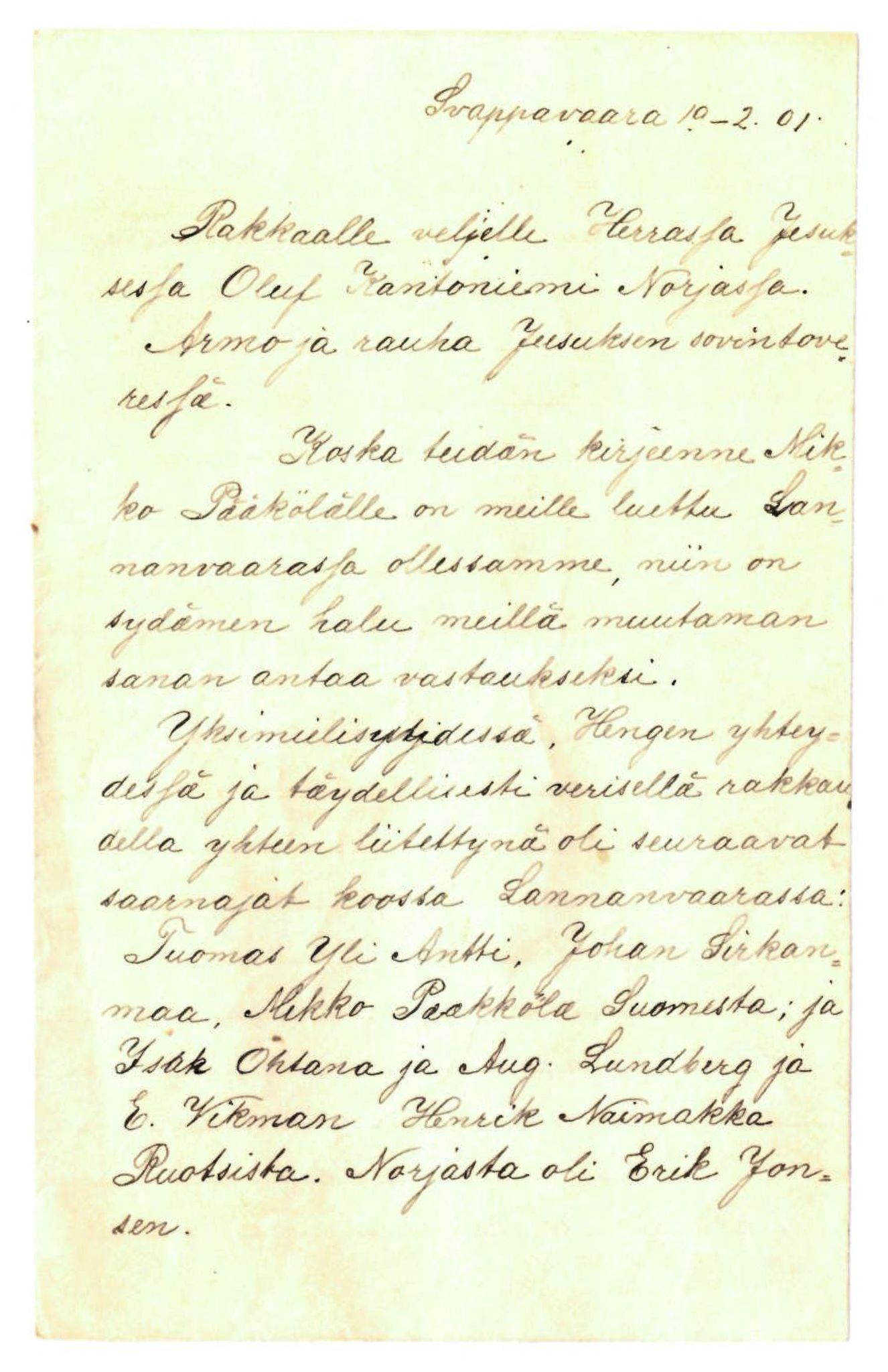 Elise Balos brevsamling, FMFB/A-1082/F/Fa/L0014: Brev fra Pääkkölä et al. til O. Kantoniemi , 1901