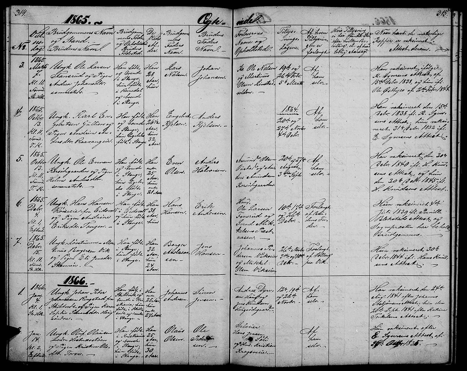 Stange prestekontor, SAH/PREST-002/L/L0005: Parish register (copy) no. 5, 1861-1881, p. 314-315