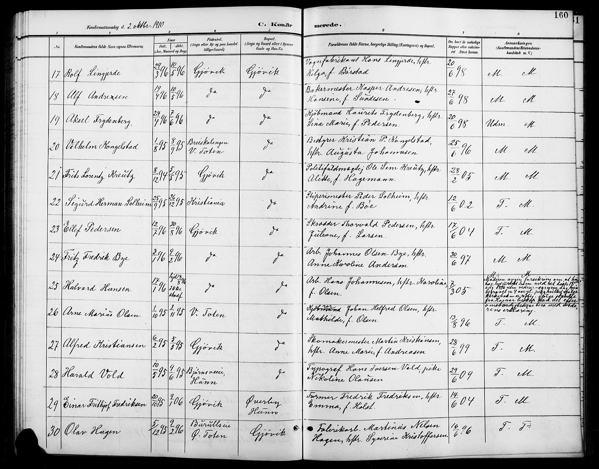 Vardal prestekontor, SAH/PREST-100/H/Ha/Hab/L0012: Parish register (copy) no. 12, 1902-1911, p. 160