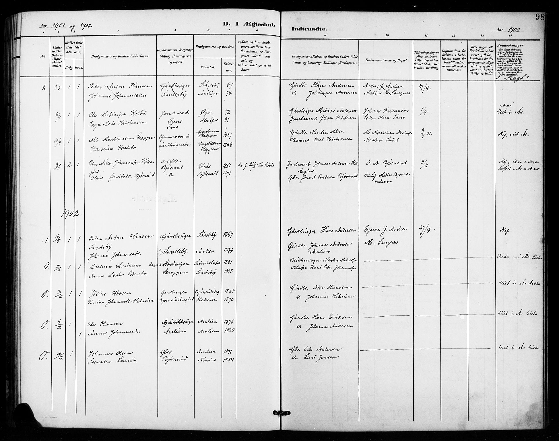 Vestre Toten prestekontor, SAH/PREST-108/H/Ha/Hab/L0016: Parish register (copy) no. 16, 1901-1915, p. 98