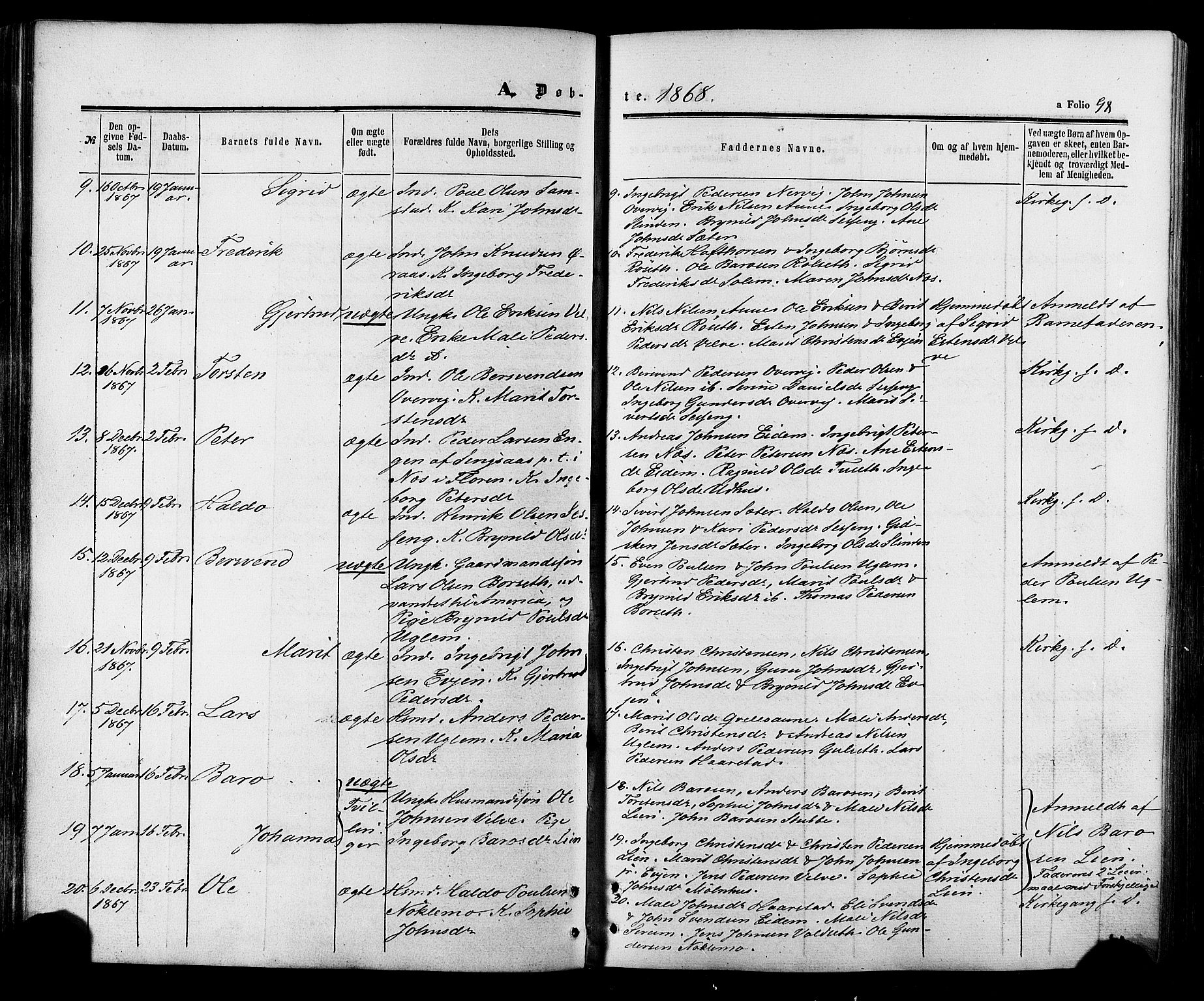 Ministerialprotokoller, klokkerbøker og fødselsregistre - Sør-Trøndelag, SAT/A-1456/695/L1147: Parish register (official) no. 695A07, 1860-1877, p. 98