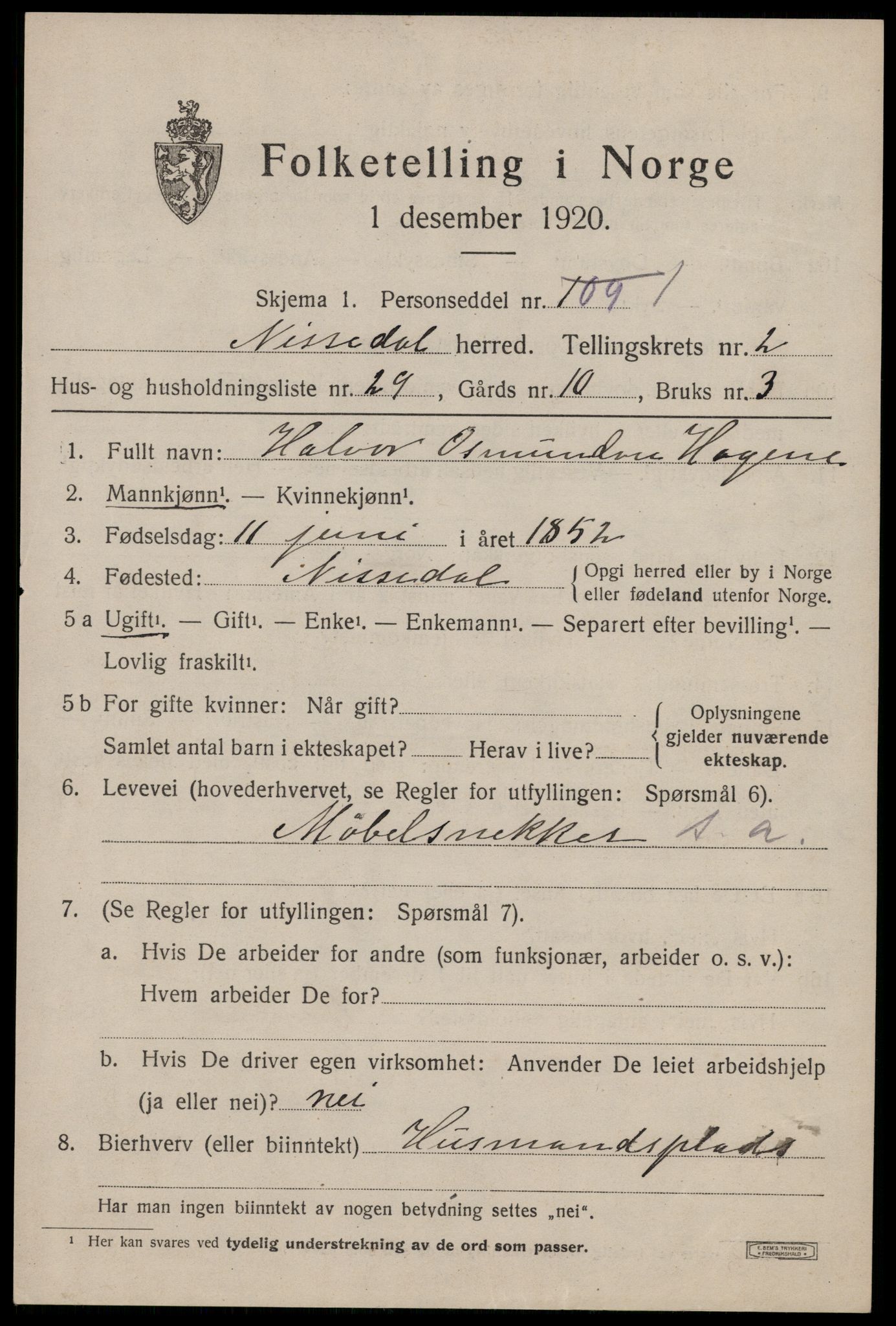 SAKO, 1920 census for Nissedal, 1920, p. 1501