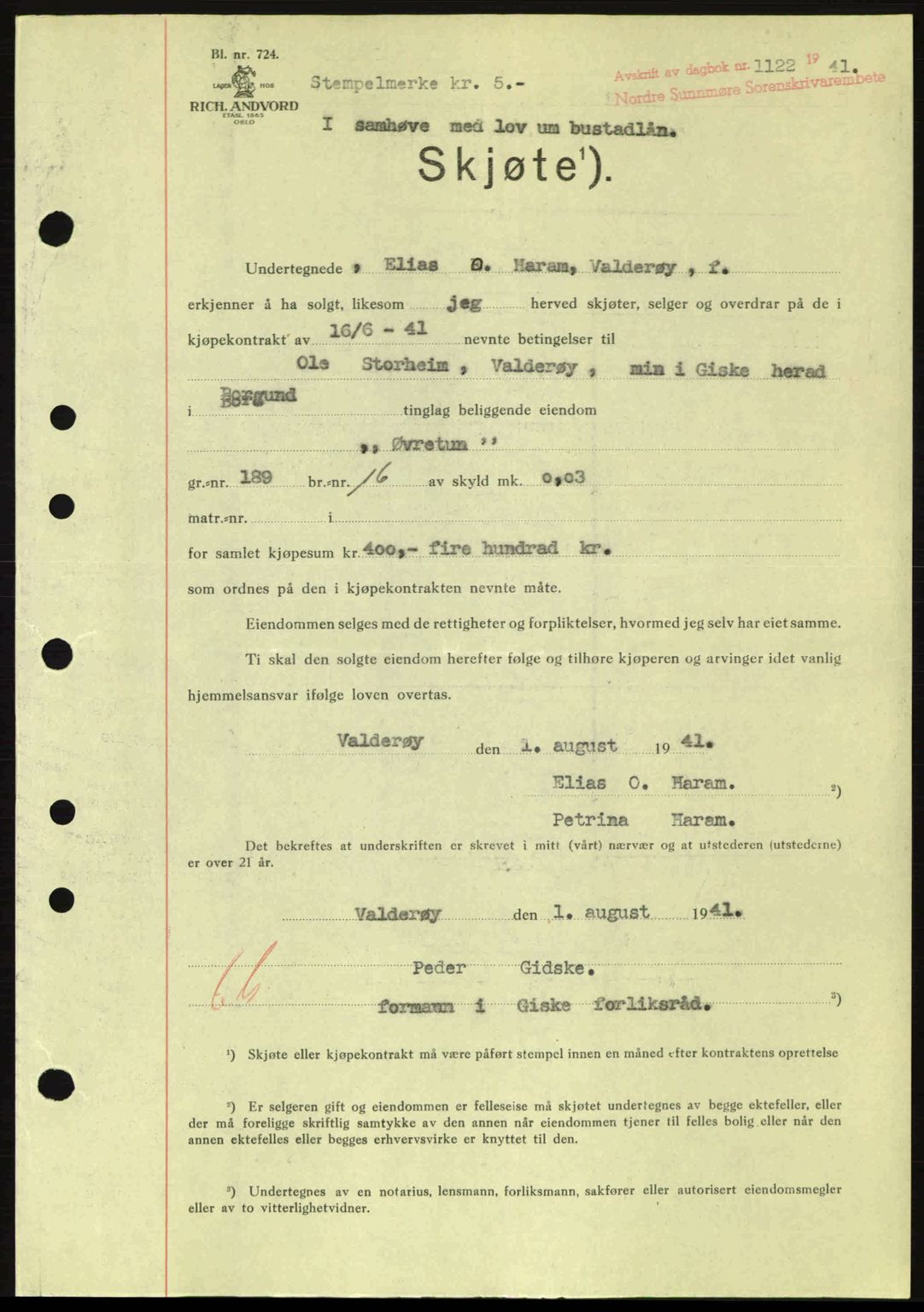 Nordre Sunnmøre sorenskriveri, AV/SAT-A-0006/1/2/2C/2Ca: Mortgage book no. A11, 1941-1941, Diary no: : 1122/1941