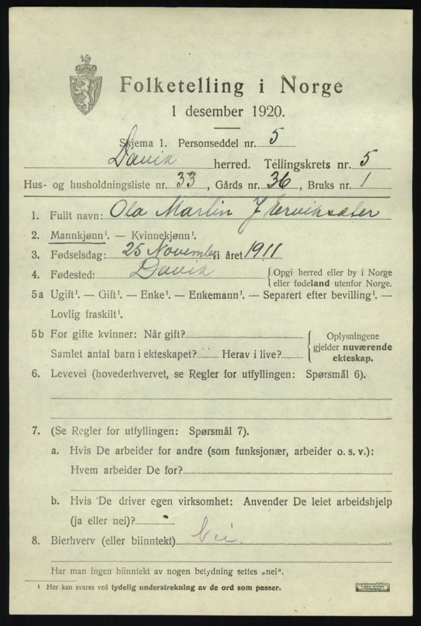 SAB, 1920 census for Davik, 1920, p. 3315