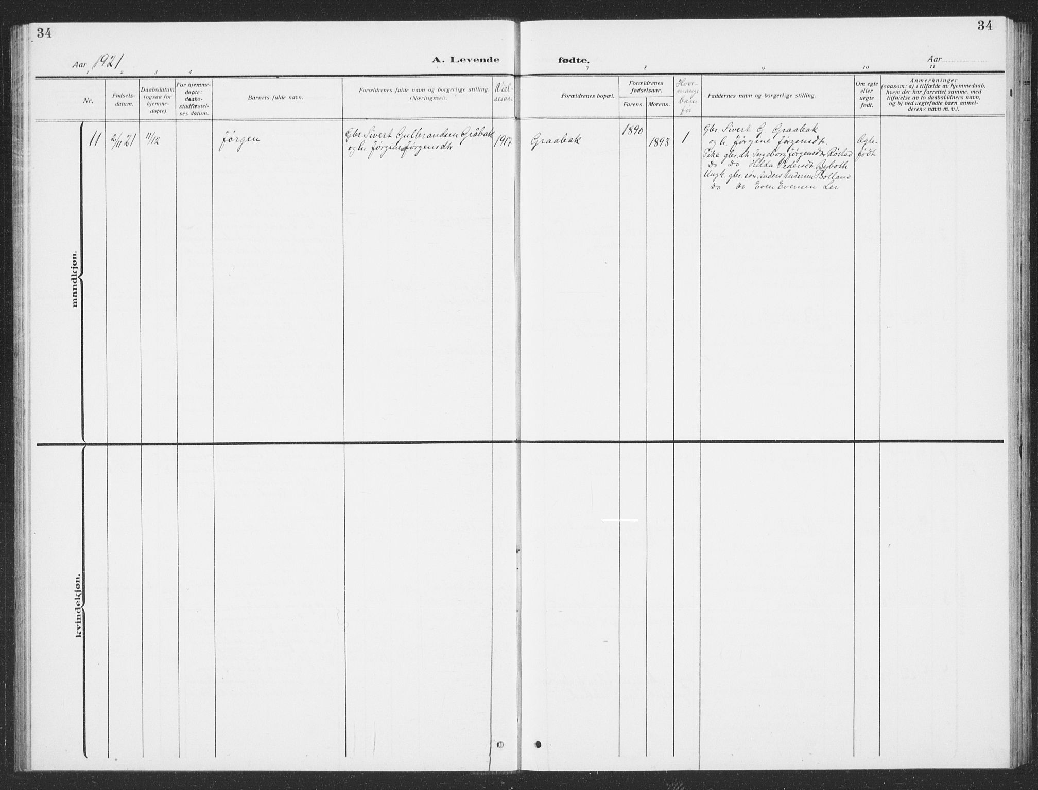 Ministerialprotokoller, klokkerbøker og fødselsregistre - Sør-Trøndelag, AV/SAT-A-1456/693/L1124: Parish register (copy) no. 693C05, 1911-1941, p. 34