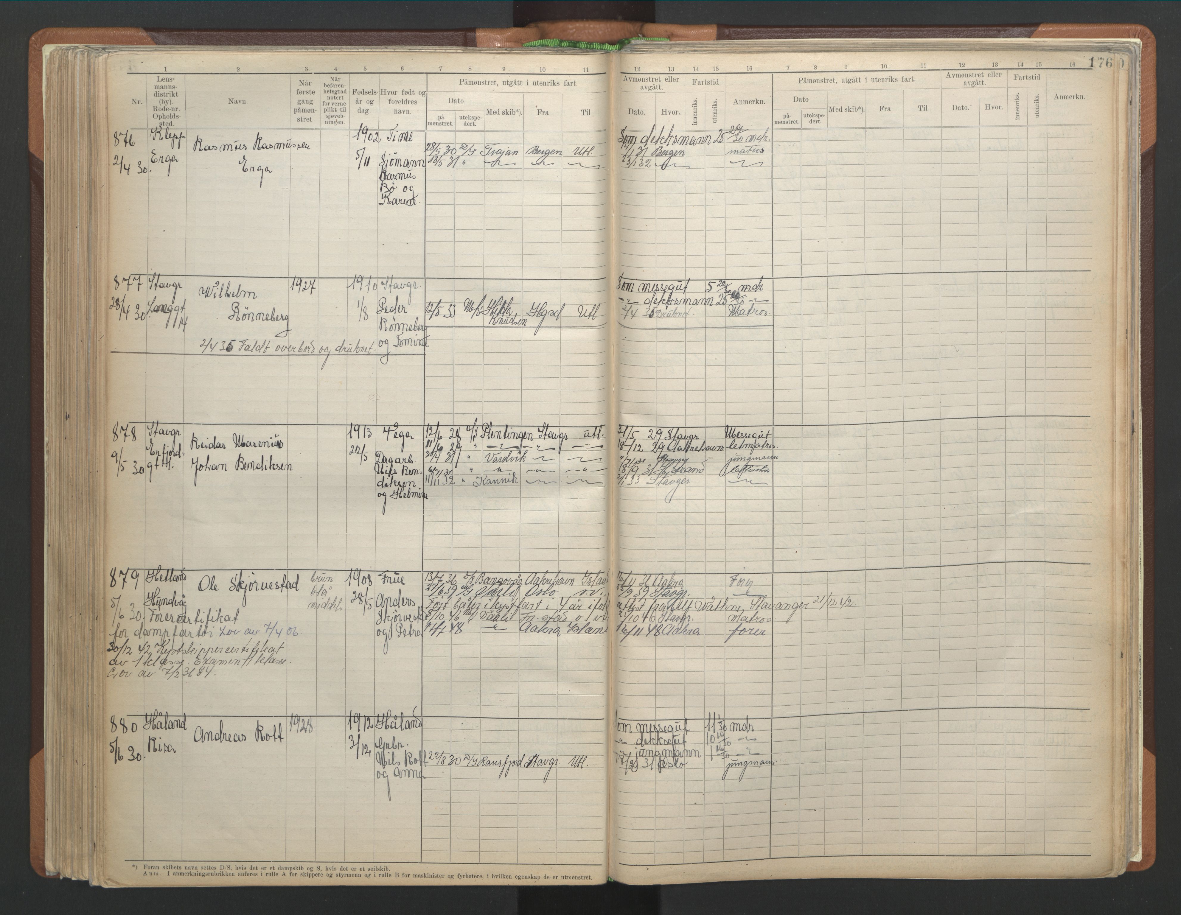 Stavanger sjømannskontor, AV/SAST-A-102006/F/Fb/Fbb/L0013: Sjøfartshovedrulle A, patentnr. 1-1495 (del 1), 1921-1933, p. 182