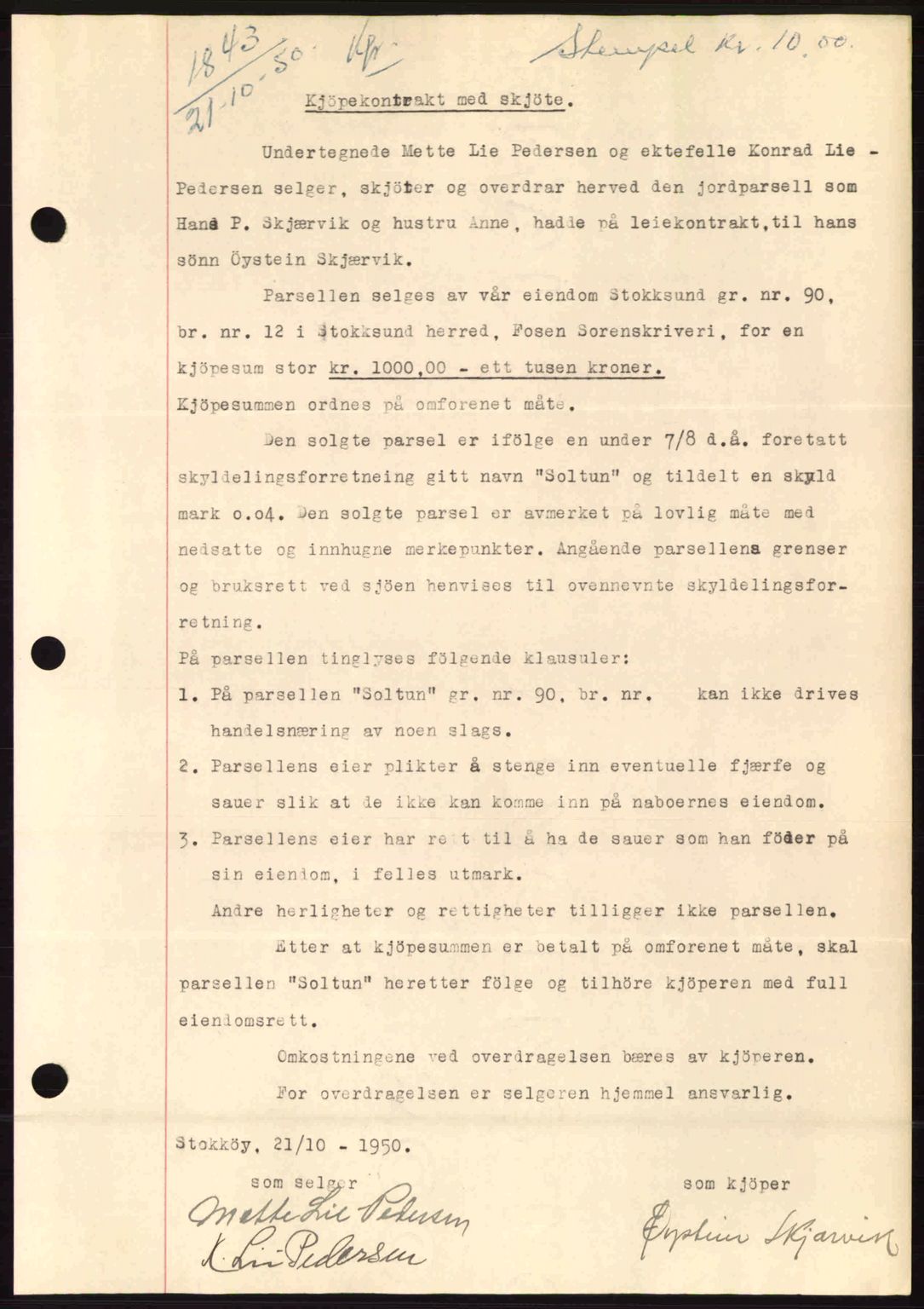 Fosen sorenskriveri, AV/SAT-A-1107/1/2/2C: Mortgage book no. A12, 1950-1950, Diary no: : 1843/1950