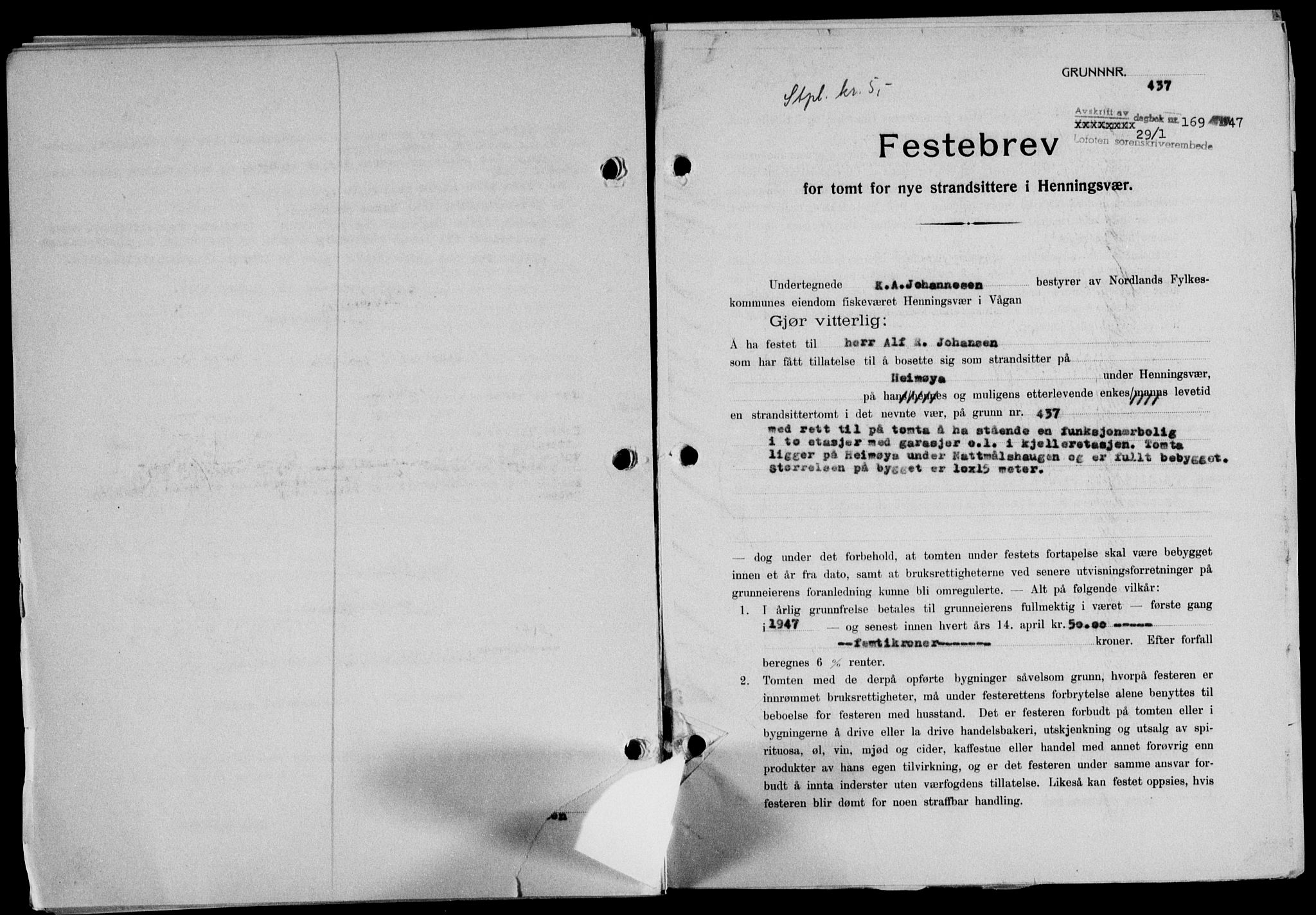 Lofoten sorenskriveri, SAT/A-0017/1/2/2C/L0015a: Mortgage book no. 15a, 1946-1947, Diary no: : 169/1947