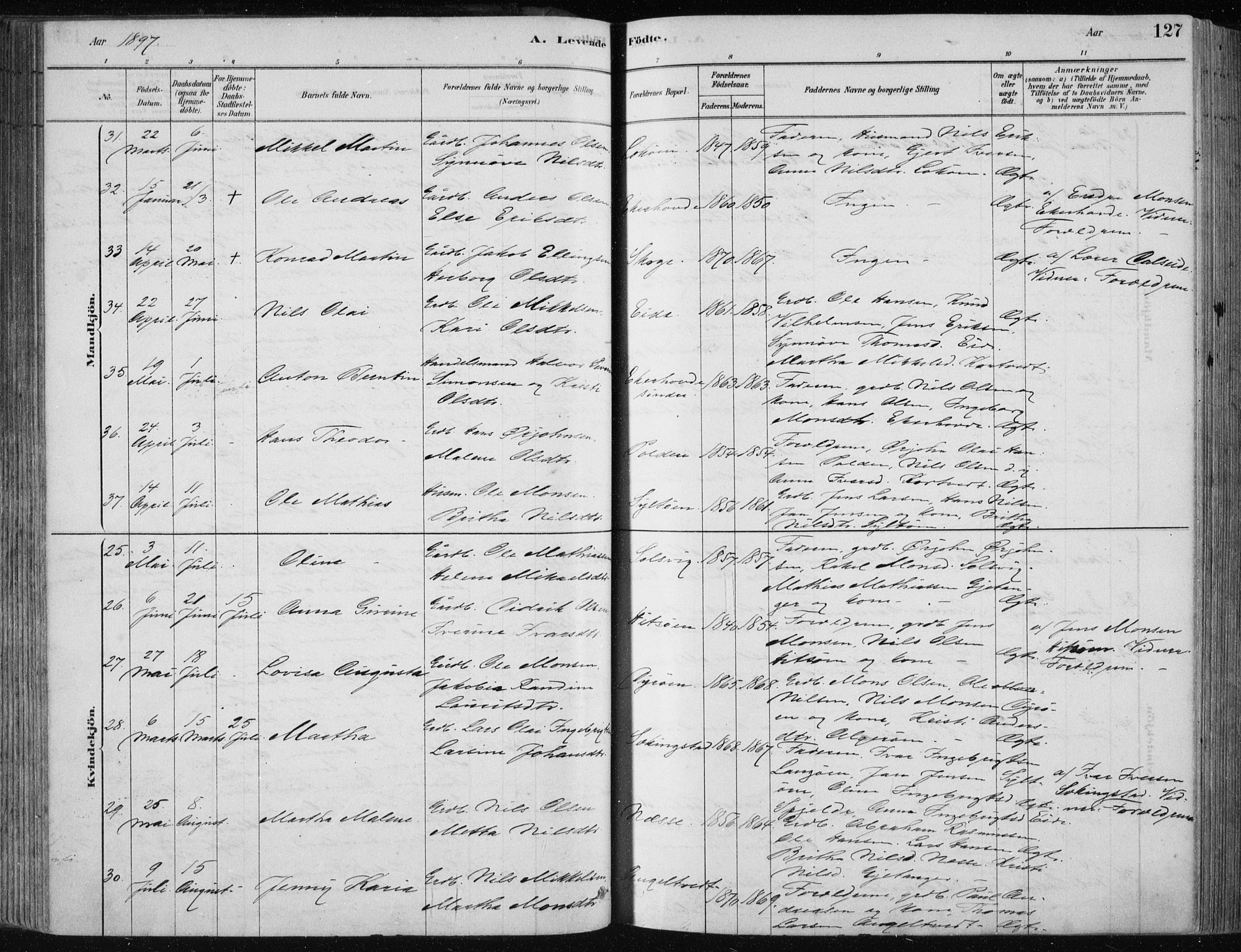 Fjell sokneprestembete, SAB/A-75301/H/Haa: Parish register (official) no. A  8, 1878-1898, p. 127