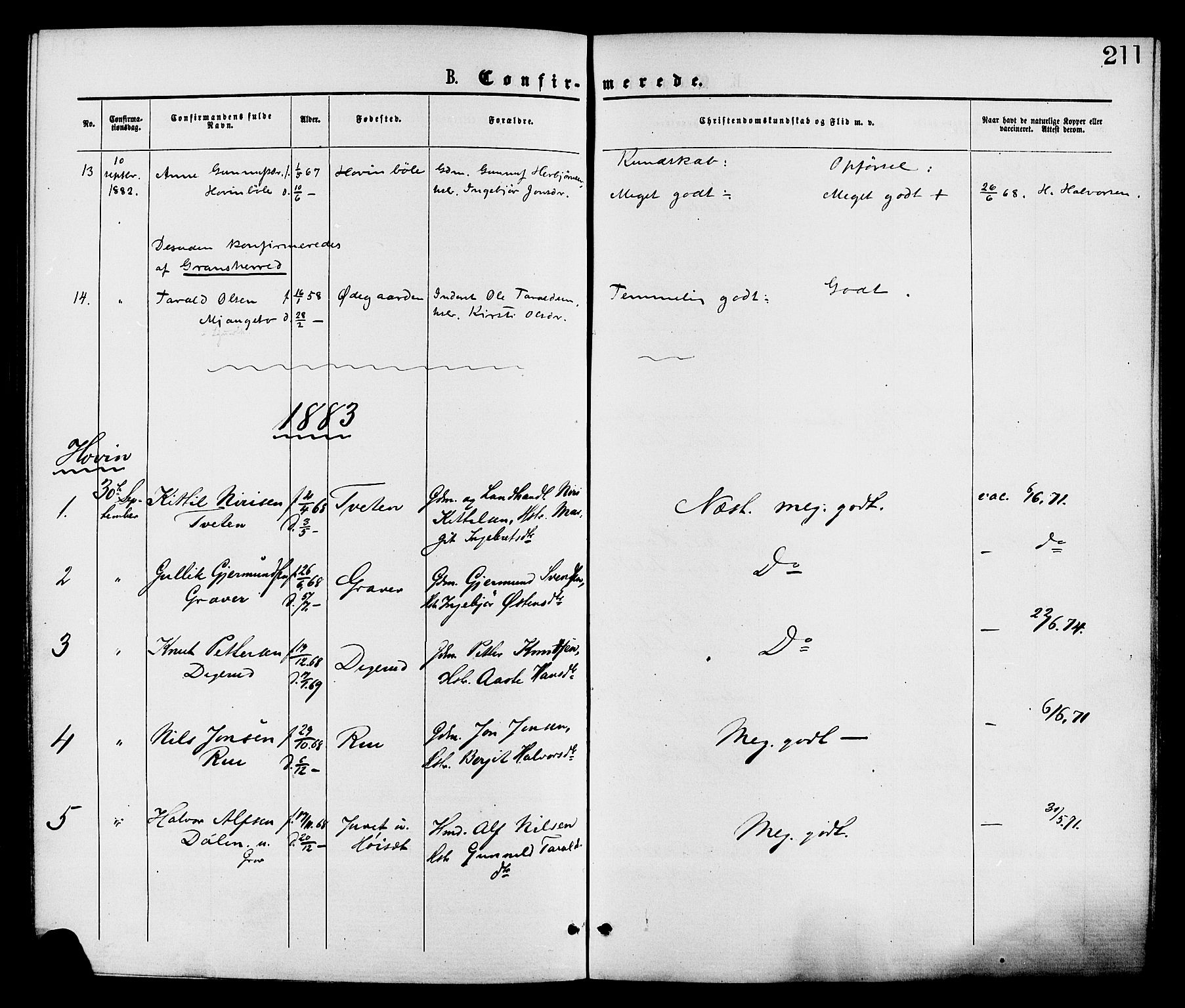 Gransherad kirkebøker, SAKO/A-267/F/Fa/L0004: Parish register (official) no. I 4, 1871-1886, p. 211