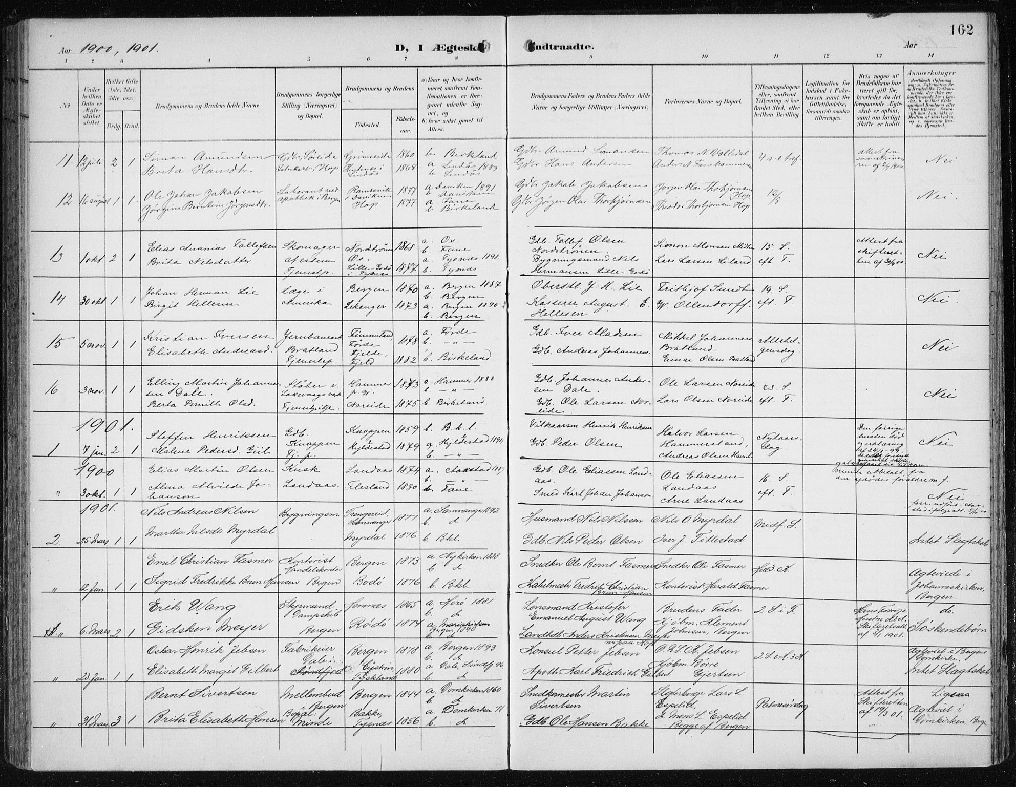 Fana Sokneprestembete, SAB/A-75101/H/Haa/Haai/L0003: Parish register (official) no. I 3, 1900-1912, p. 162