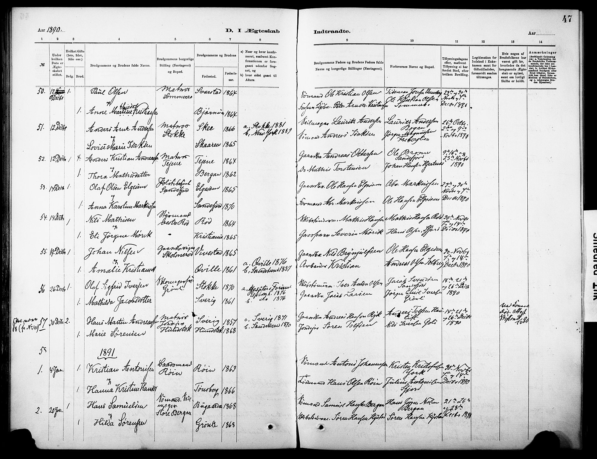 Sandar kirkebøker, SAKO/A-243/F/Fa/L0013: Parish register (official) no. 13, 1883-1895, p. 47