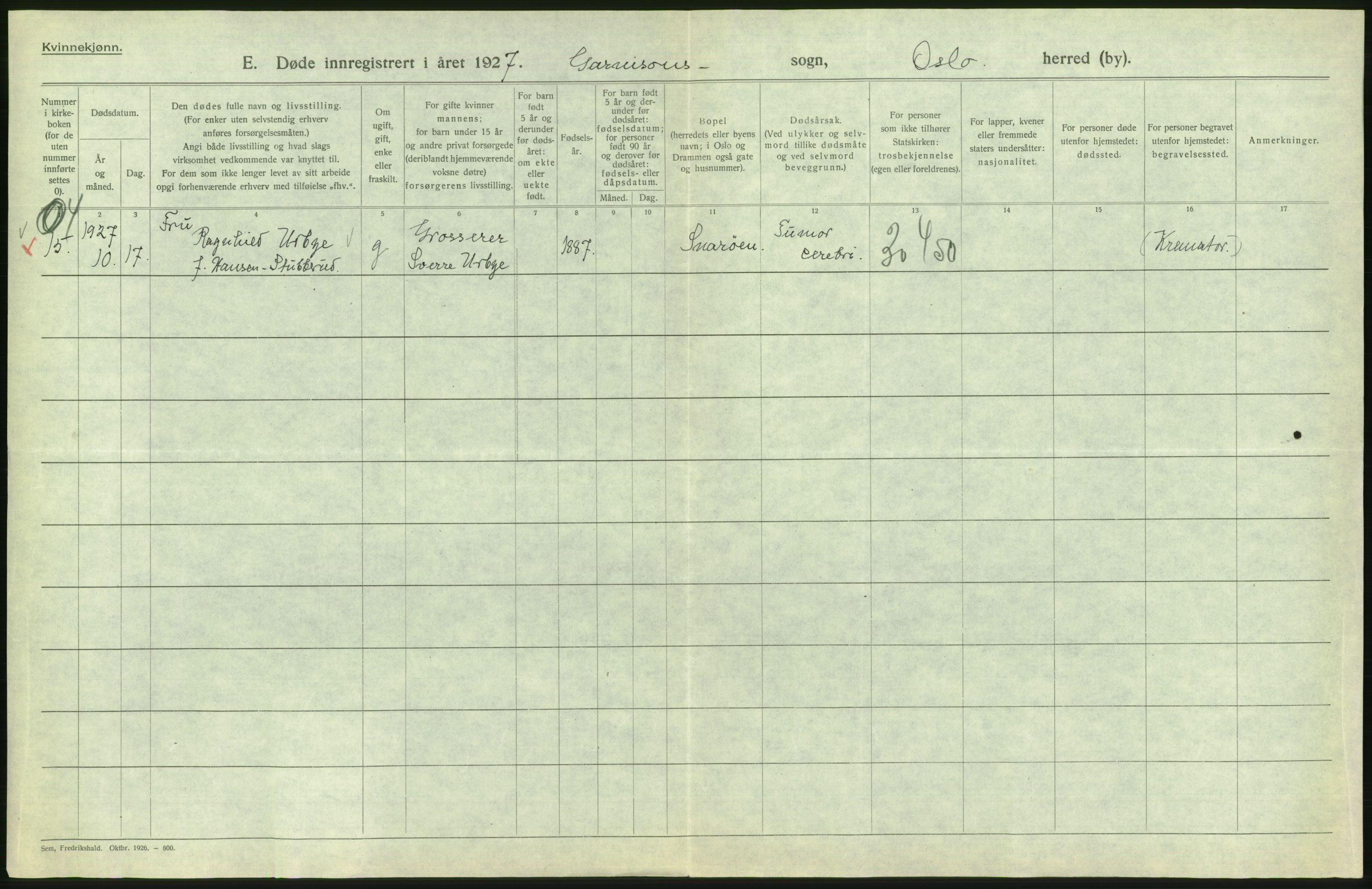 Statistisk sentralbyrå, Sosiodemografiske emner, Befolkning, AV/RA-S-2228/D/Df/Dfc/Dfcg/L0010: Oslo: Døde kvinner, dødfødte, 1927, p. 582