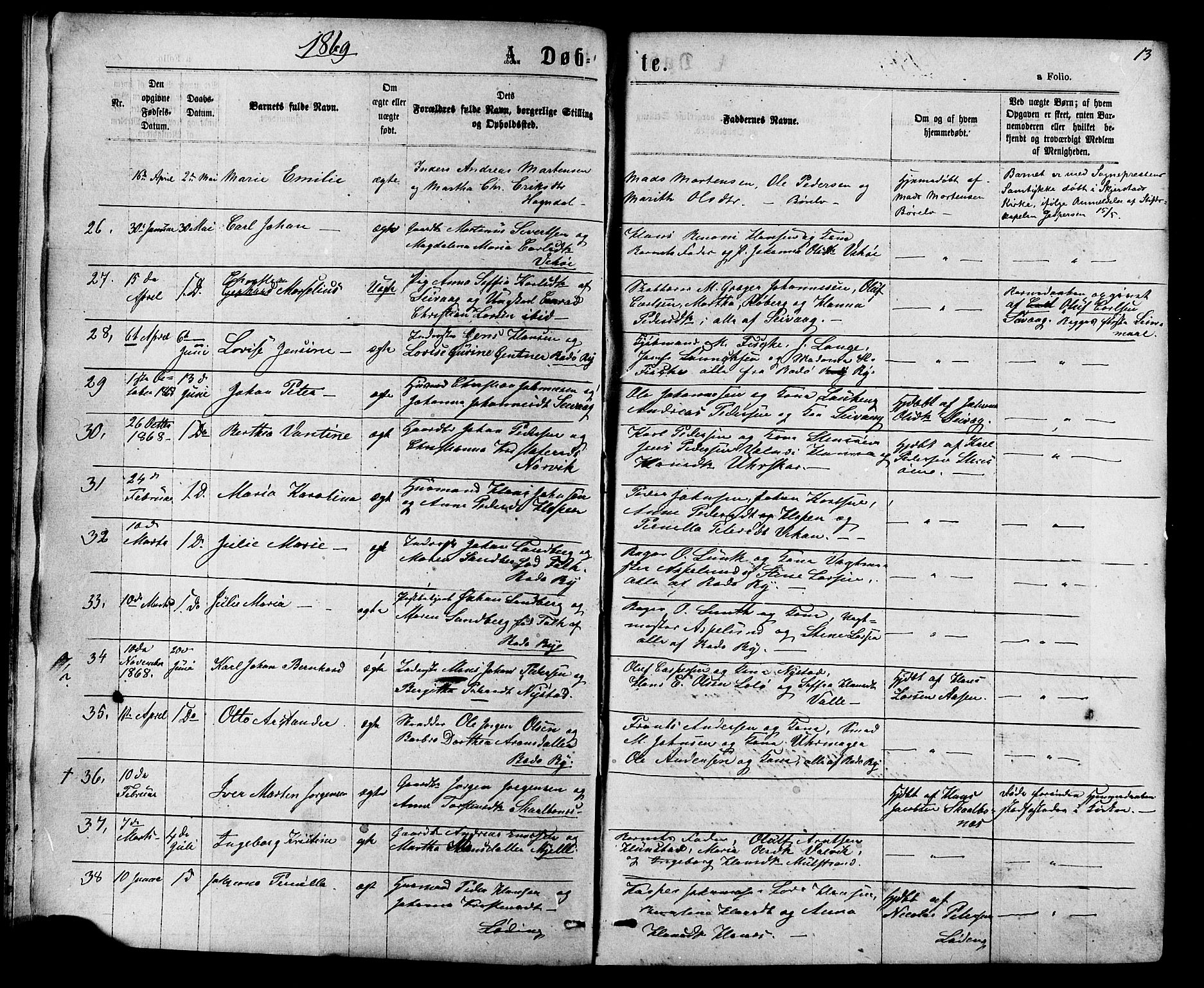 Ministerialprotokoller, klokkerbøker og fødselsregistre - Nordland, SAT/A-1459/801/L0029: Parish register (copy) no. 801C04, 1868-1878, p. 13