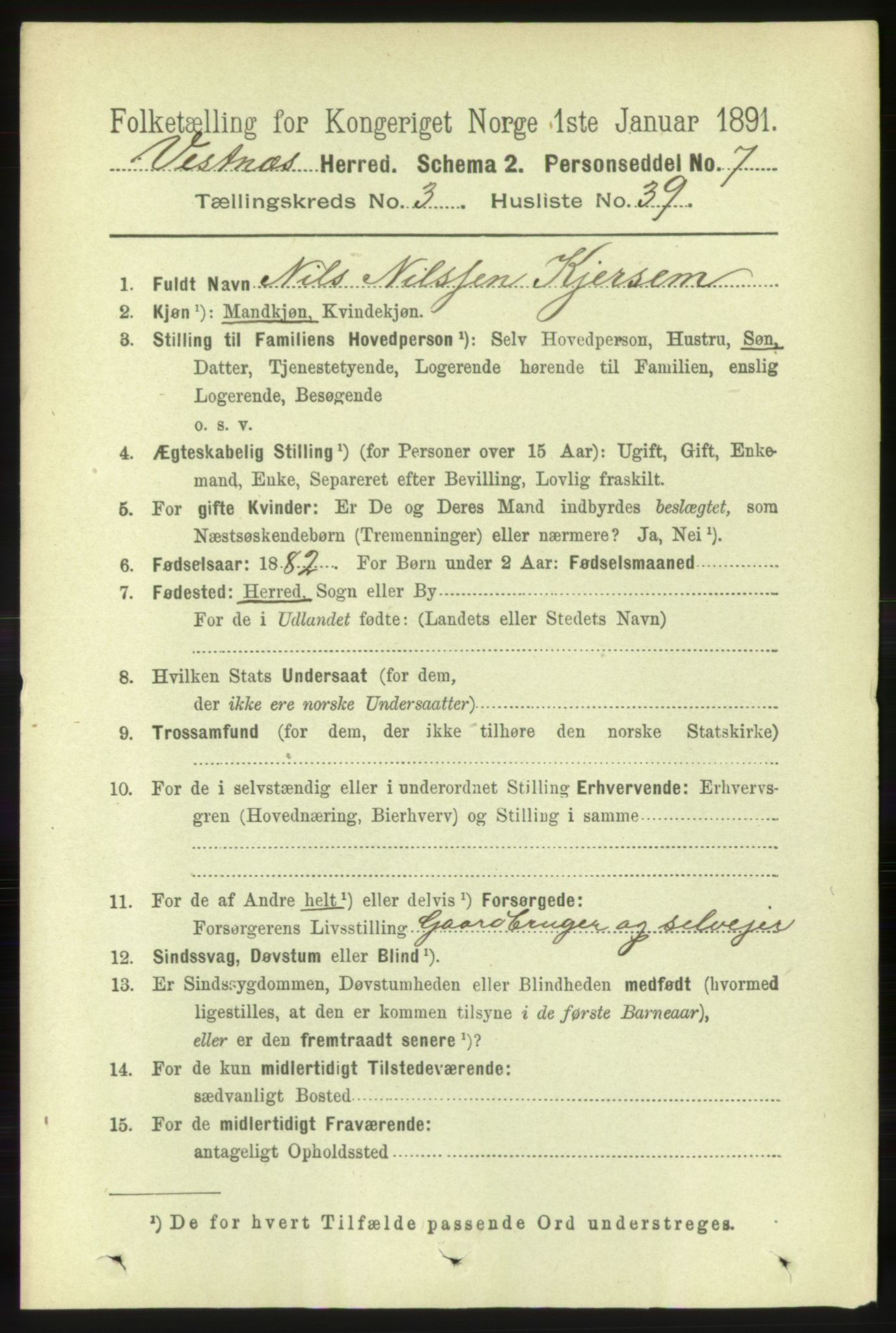 RA, 1891 census for 1535 Vestnes, 1891, p. 1094