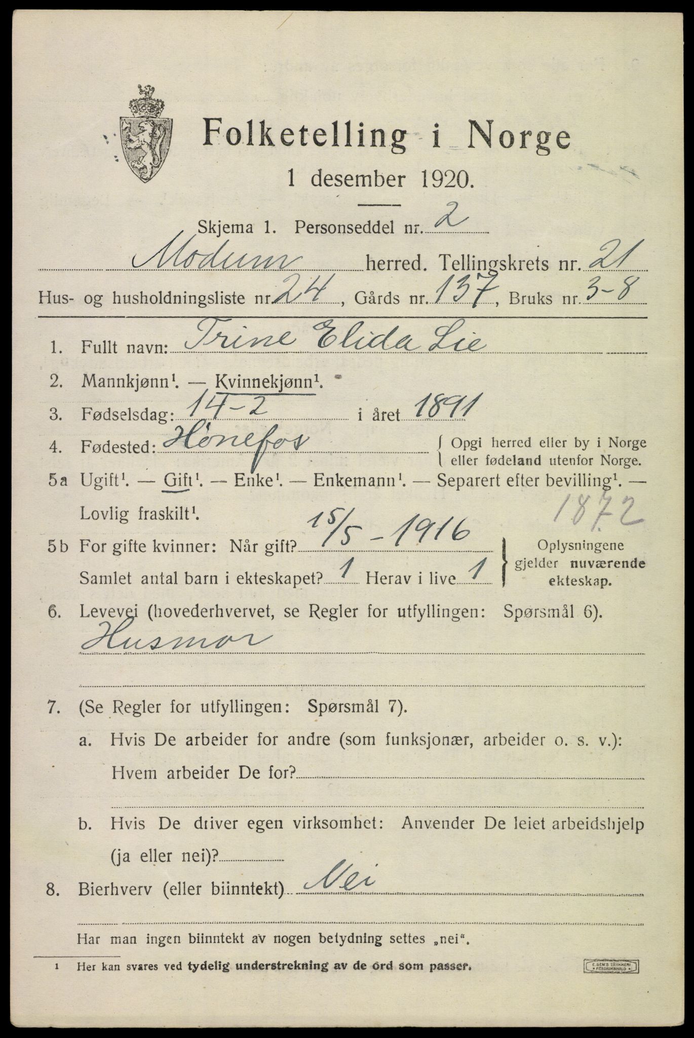 SAKO, 1920 census for Modum, 1920, p. 22915