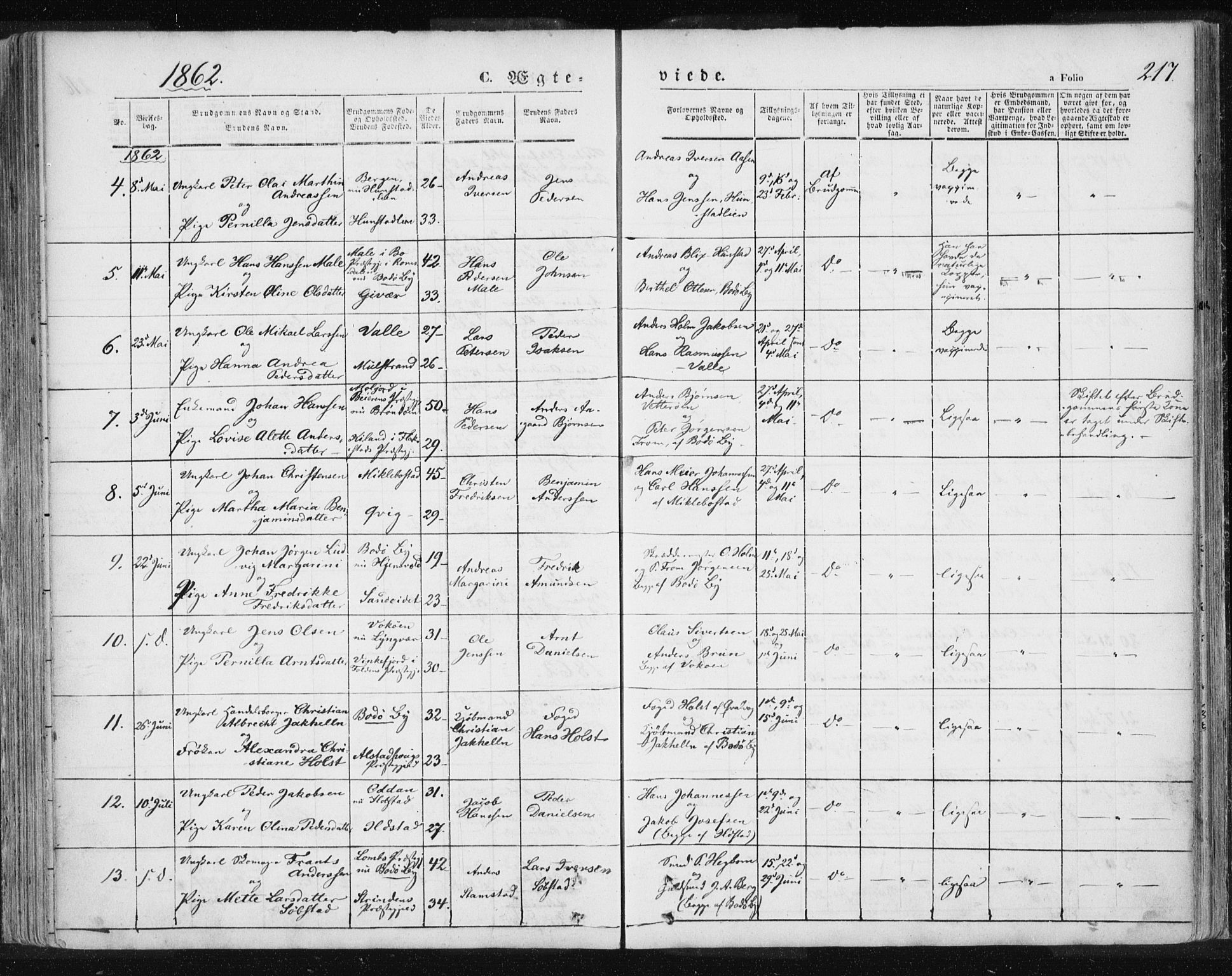 Ministerialprotokoller, klokkerbøker og fødselsregistre - Nordland, SAT/A-1459/801/L0007: Parish register (official) no. 801A07, 1845-1863, p. 217