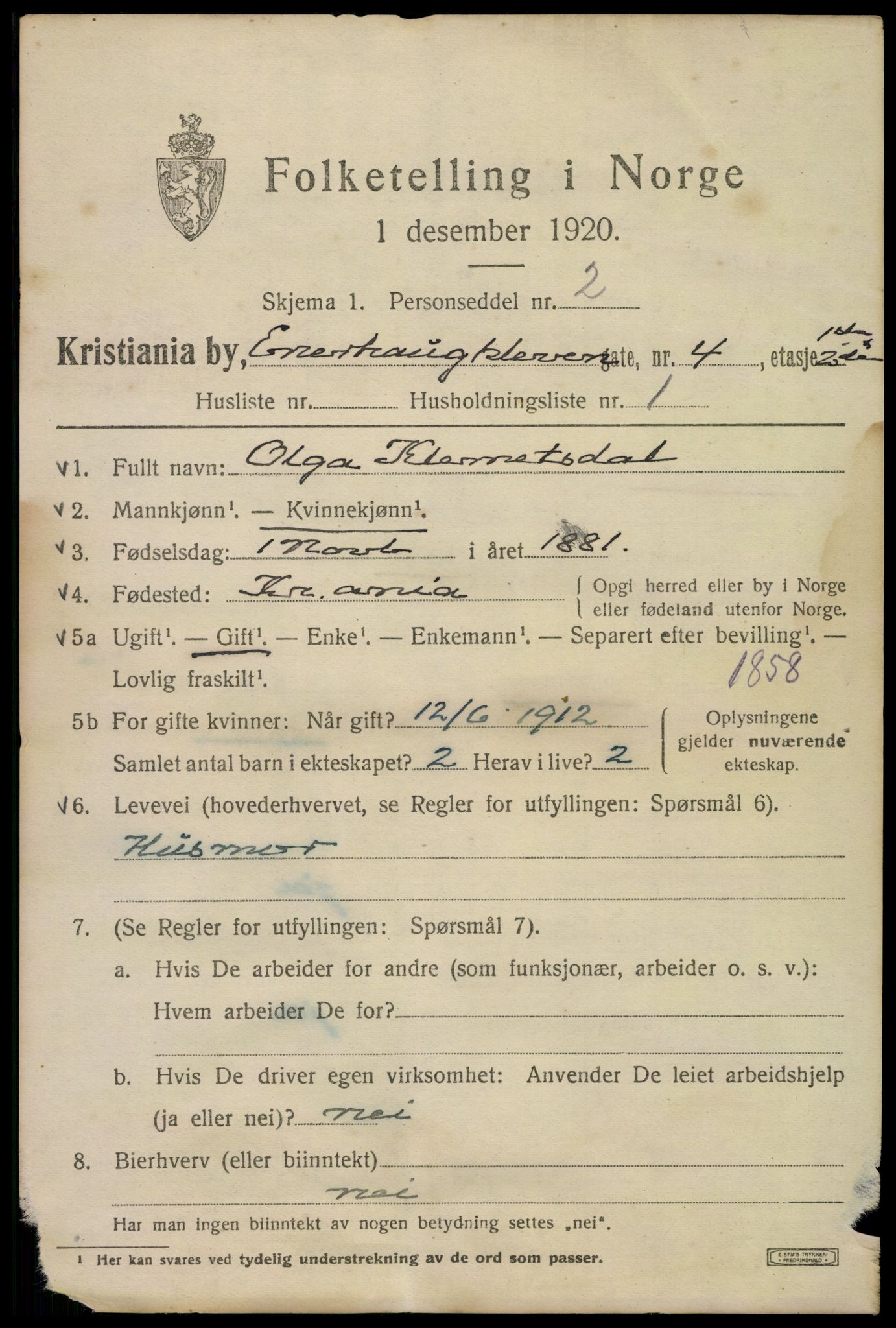 SAO, 1920 census for Kristiania, 1920, p. 218341