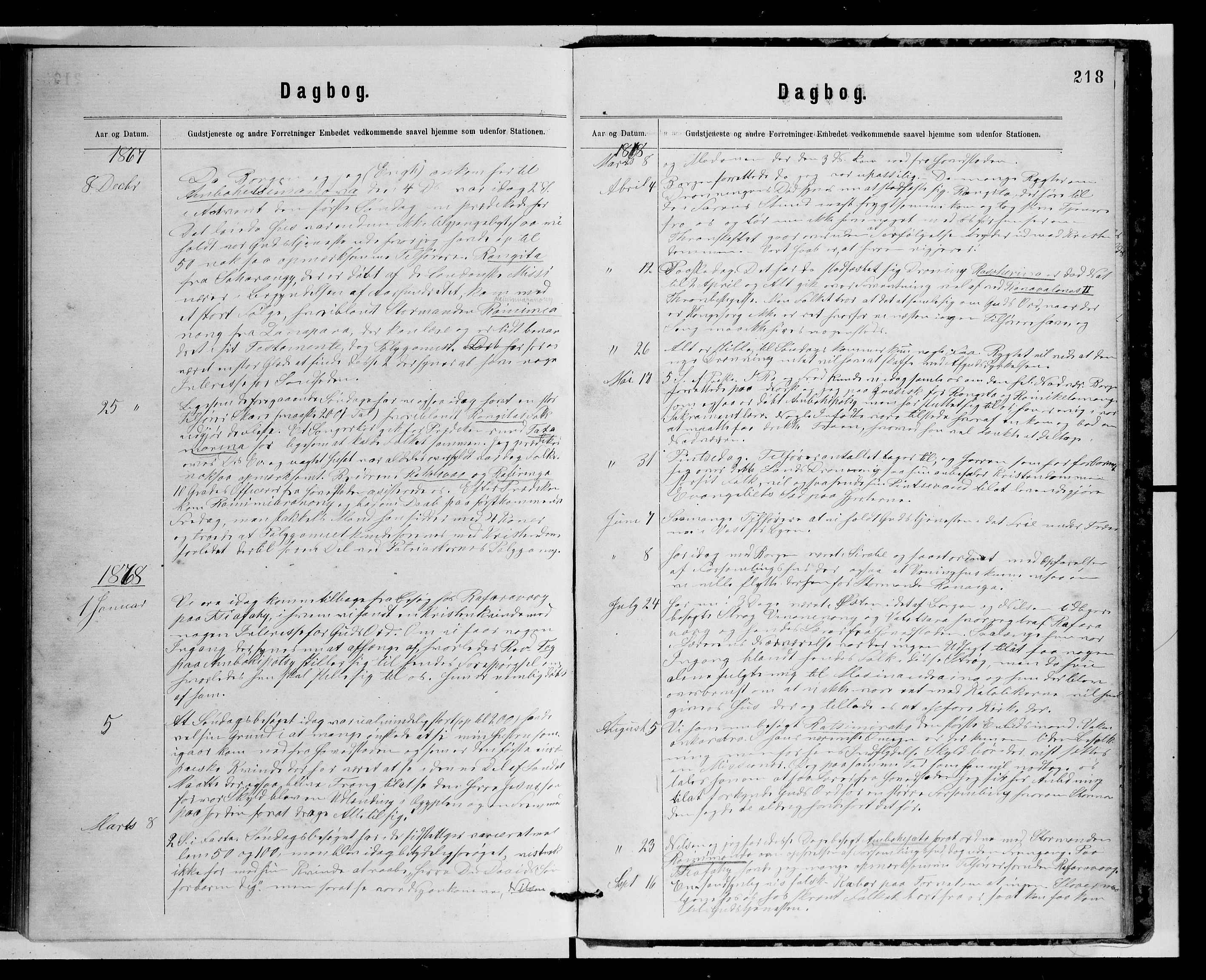 Archives FLM/NMS, Madagaskar, VID/MA-A-1163/D/Db/L0269: Parish register (official) no. 1, 1867-1884, p. 218