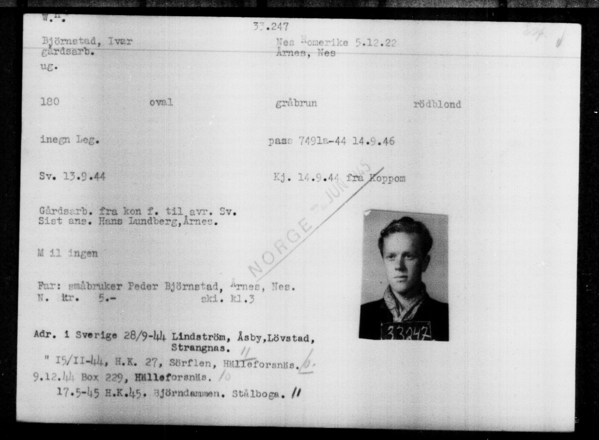 Utenriksstasjonene, Legasjonen i Stockholm, Flyktningkontoret, AV/RA-S-6753/V/Va/L0013: Kjesäterkartoteket, flyktninger med registreringsnr. 31500-34731, 1940-1945, p. 1834