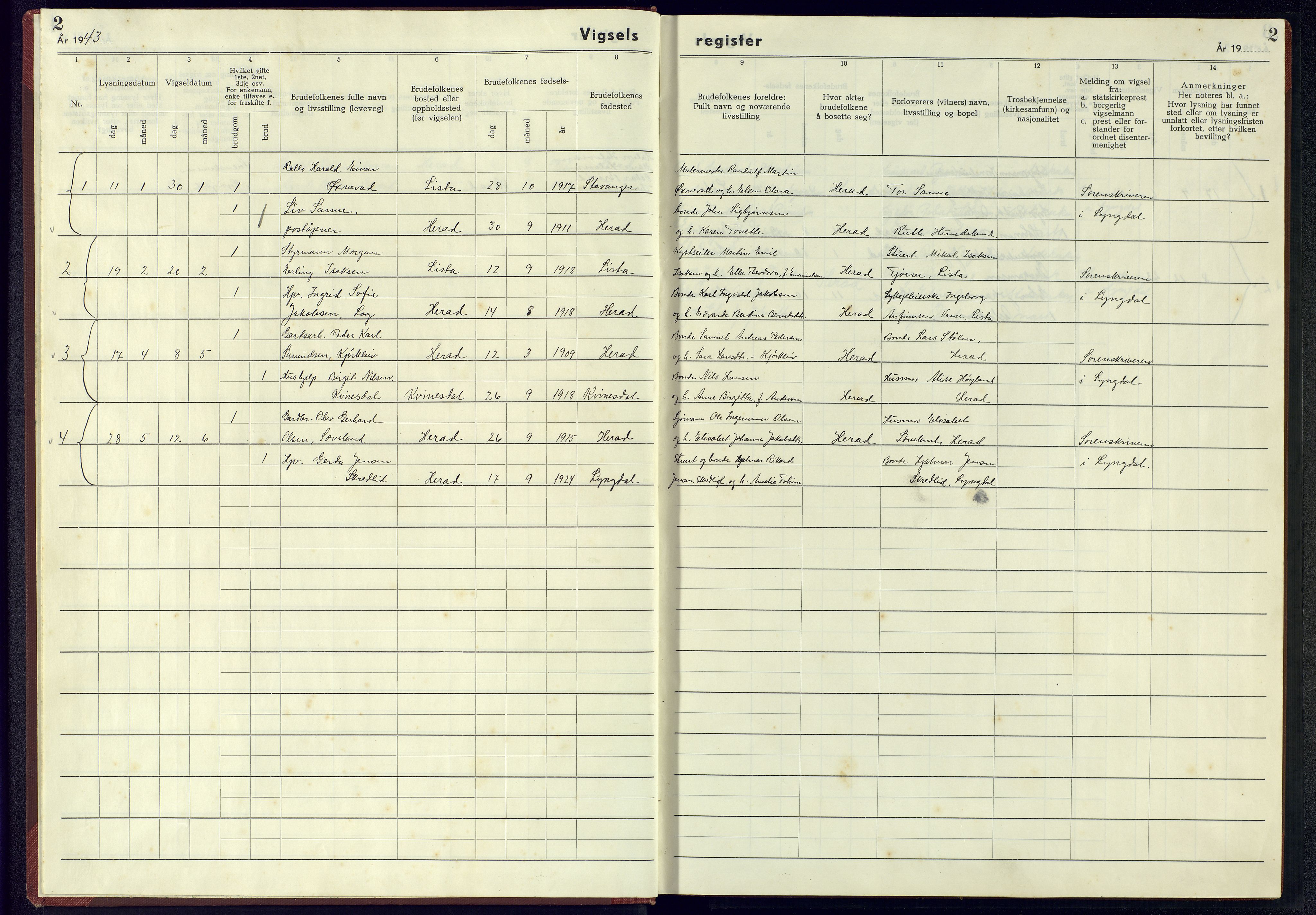 Herad sokneprestkontor, AV/SAK-1111-0018/J/Jb/L0003: Marriage register no. A-VI-4, 1942-1945, p. 2