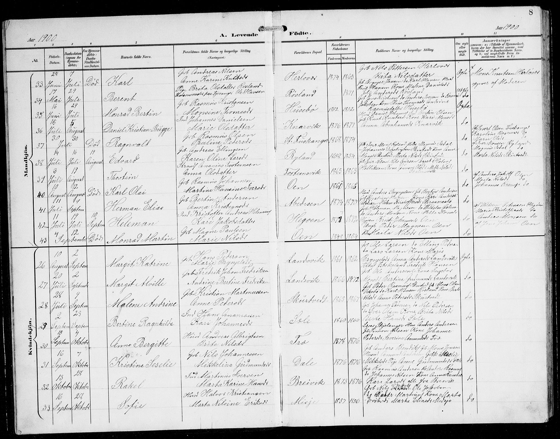 Herdla Sokneprestembete, SAB/A-75701/H/Hab: Parish register (copy) no. C 1, 1900-1913, p. 8