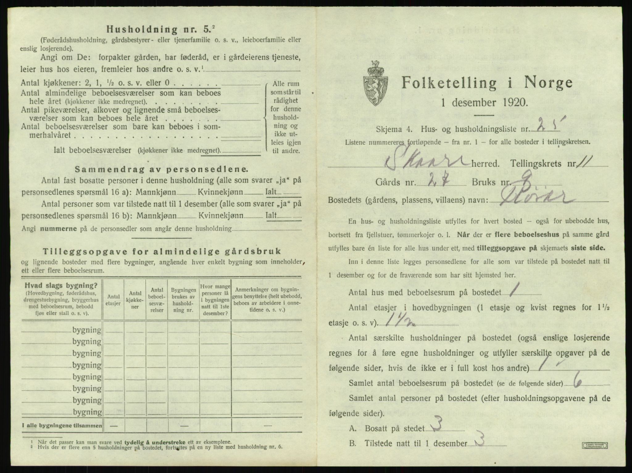 SAST, 1920 census for Skåre, 1920, p. 1082