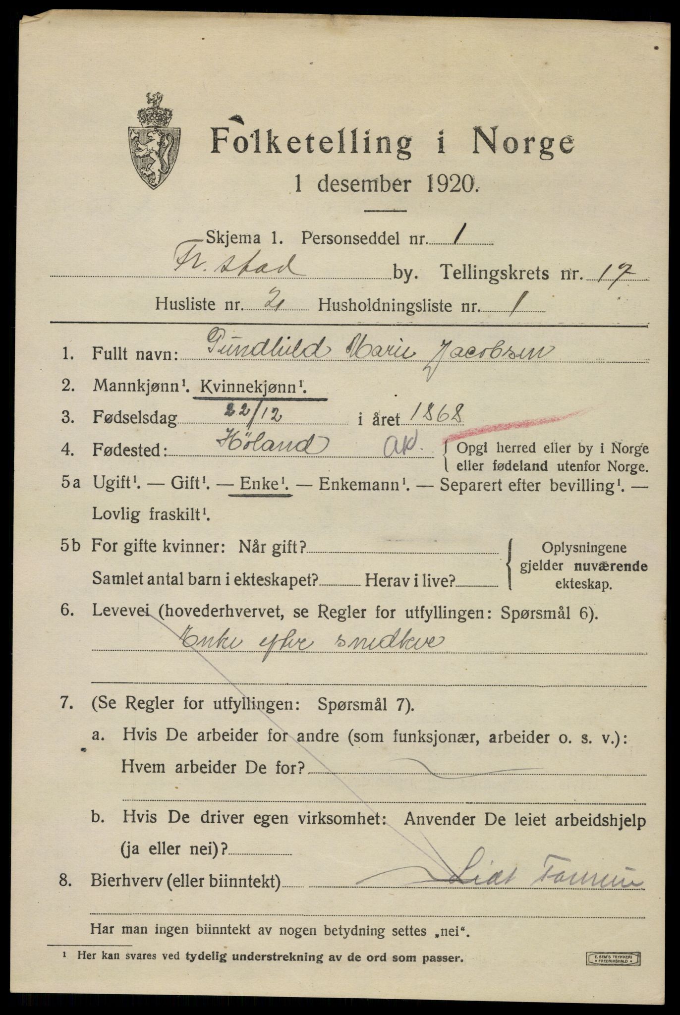 SAO, 1920 census for Fredrikstad, 1920, p. 38937