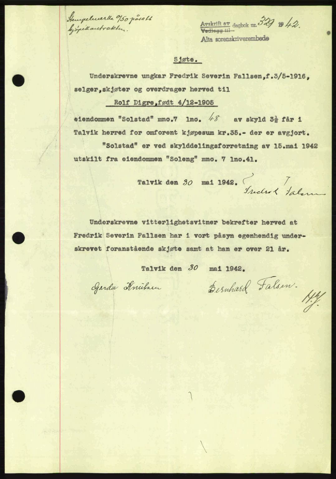 Alta fogderi/sorenskriveri, SATØ/SATØ-5/1/K/Kd/L0033pantebok: Mortgage book no. 33, 1940-1943, Diary no: : 329/1942