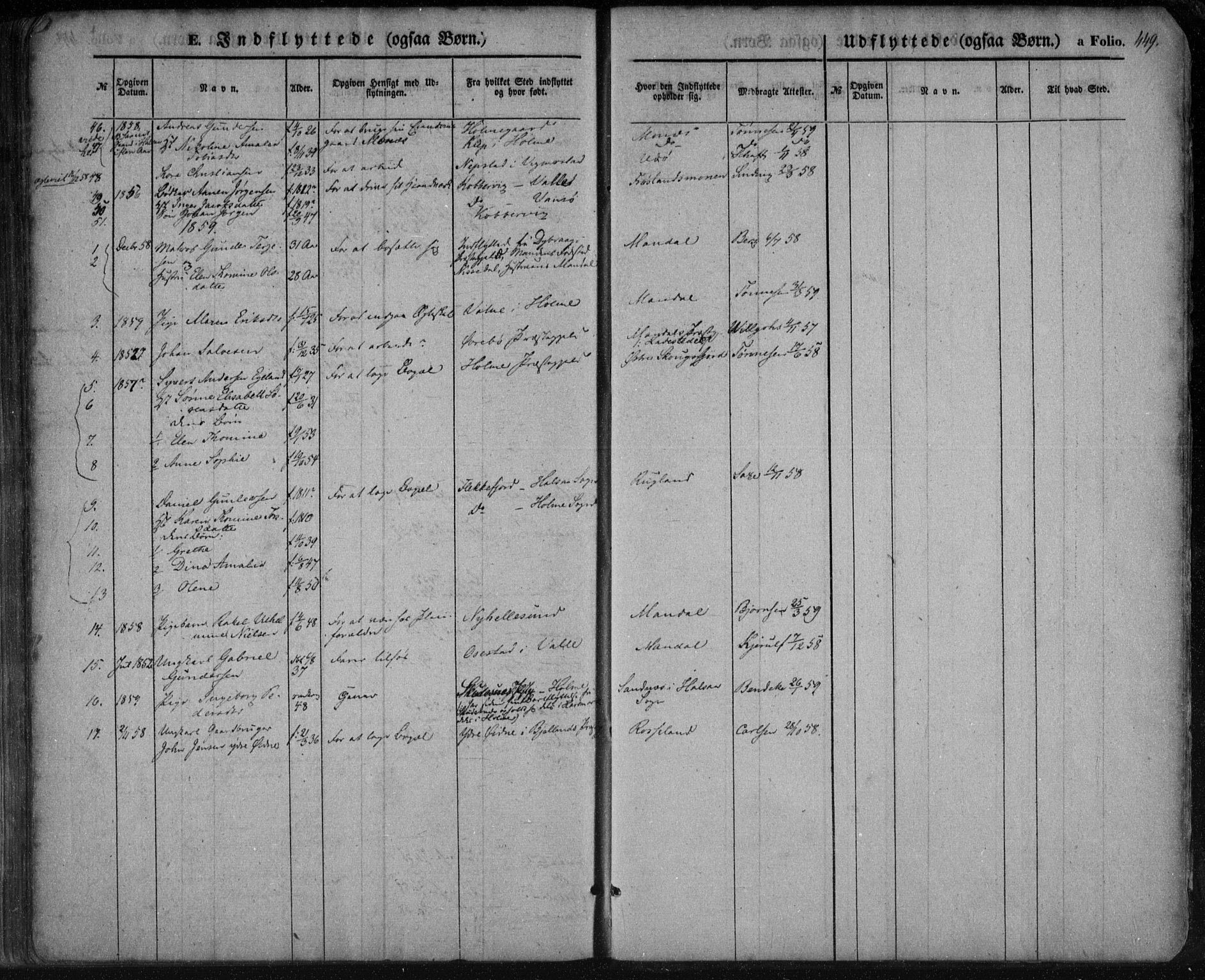 Mandal sokneprestkontor, AV/SAK-1111-0030/F/Fa/Faa/L0013: Parish register (official) no. A 13, 1847-1859, p. 449