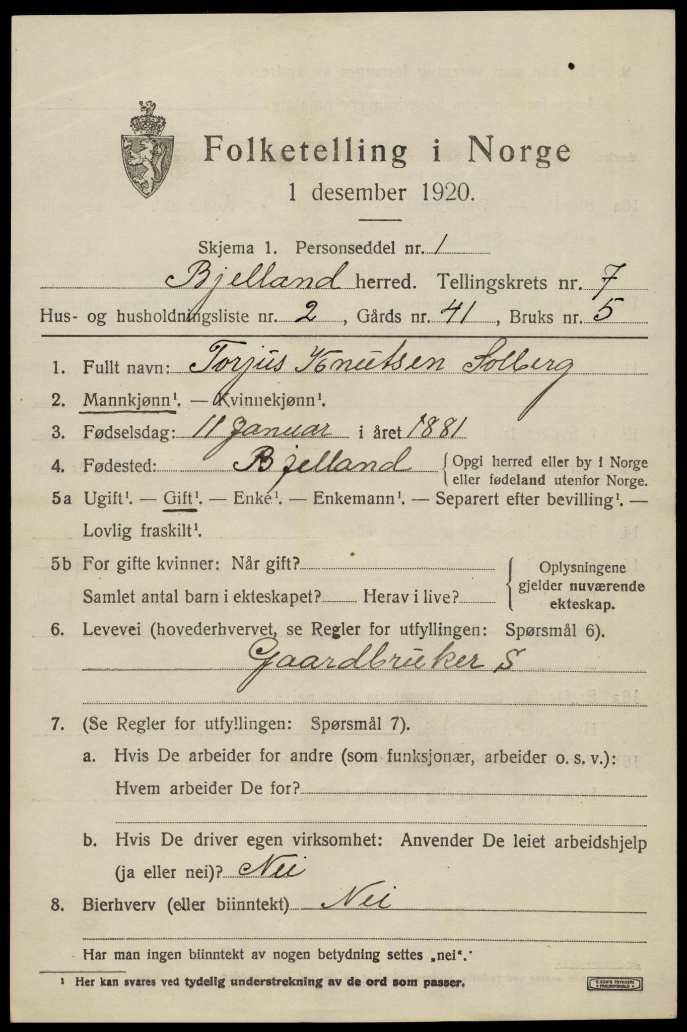 SAK, 1920 census for Bjelland, 1920, p. 2063