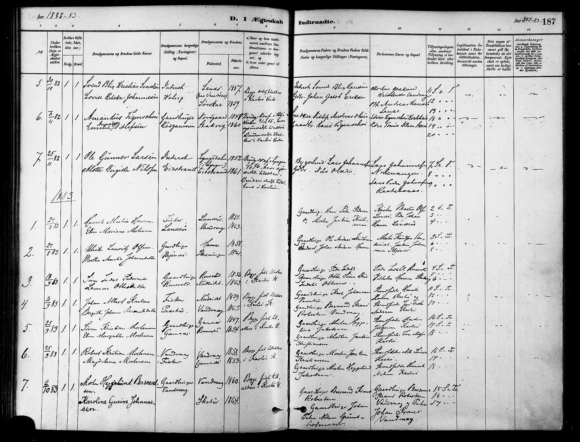 Karlsøy sokneprestembete, SATØ/S-1299/H/Ha/Haa/L0006kirke: Parish register (official) no. 6, 1879-1890, p. 187