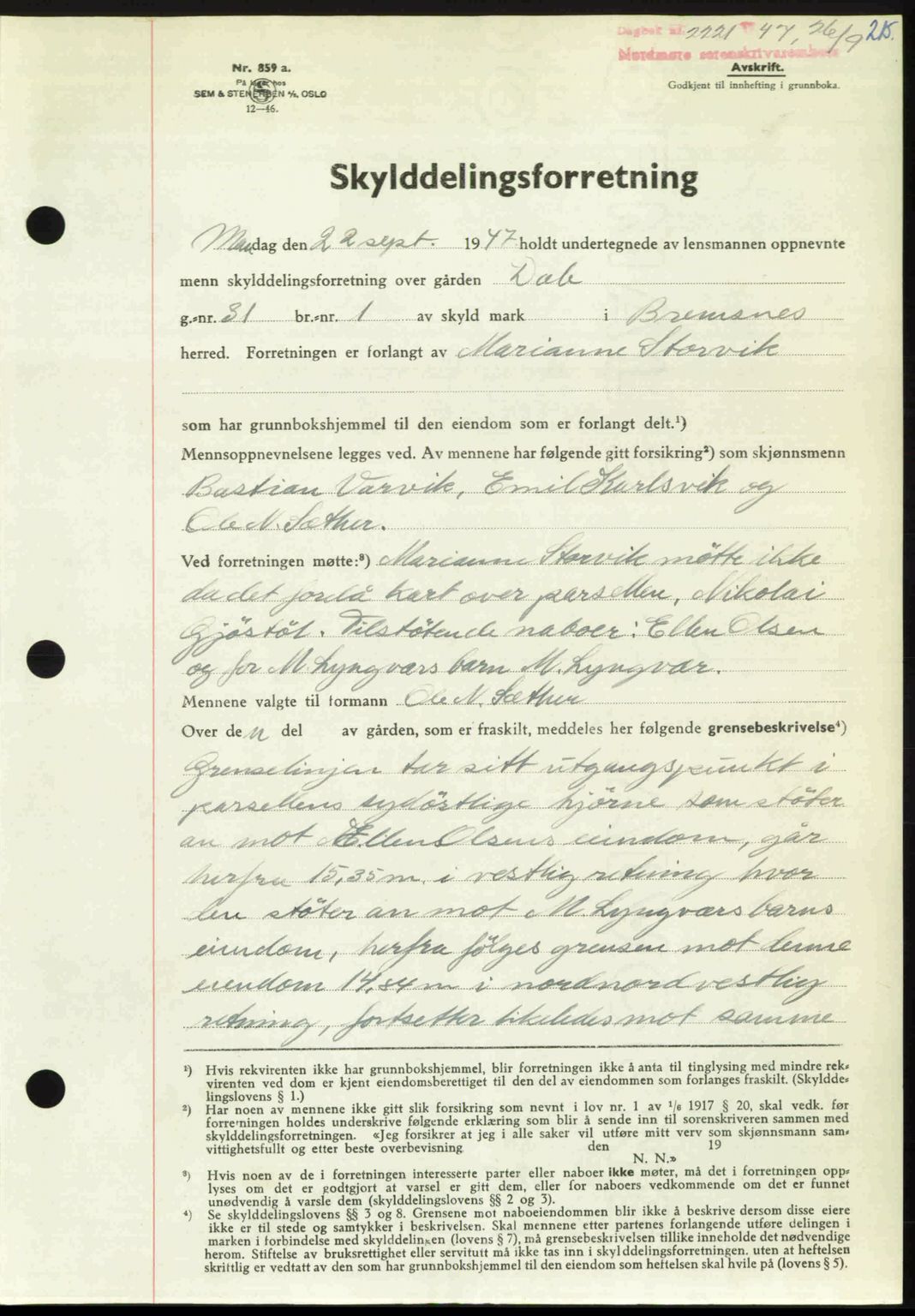 Nordmøre sorenskriveri, AV/SAT-A-4132/1/2/2Ca: Mortgage book no. A106, 1947-1947, Diary no: : 2221/1947