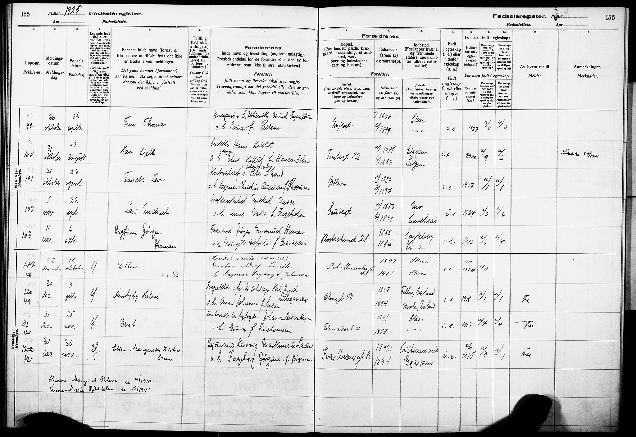 Skien kirkebøker, AV/SAKO-A-302/J/Ja/L0002: Birth register no. 2, 1921-1927, p. 155