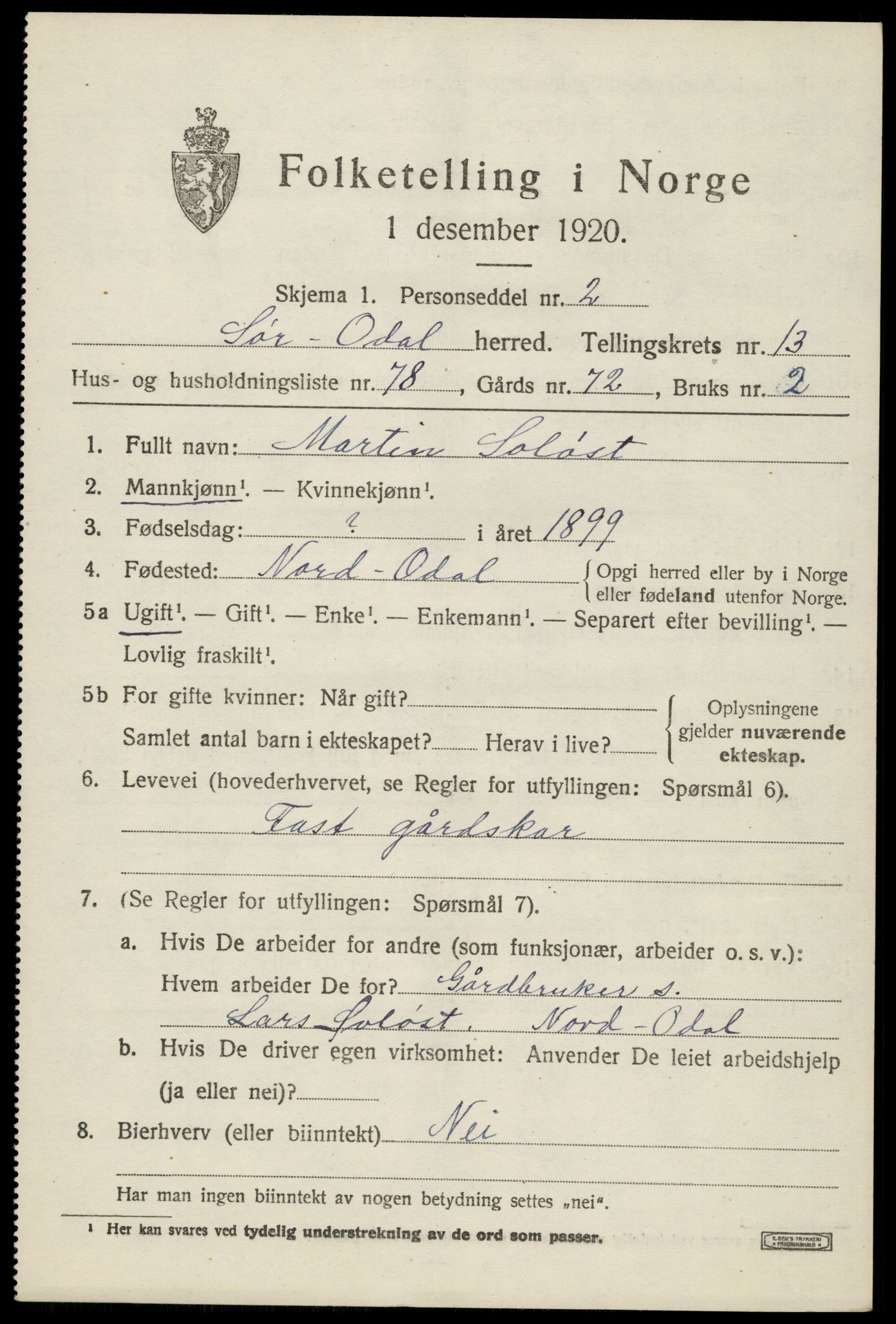 SAH, 1920 census for Sør-Odal, 1920, p. 13913