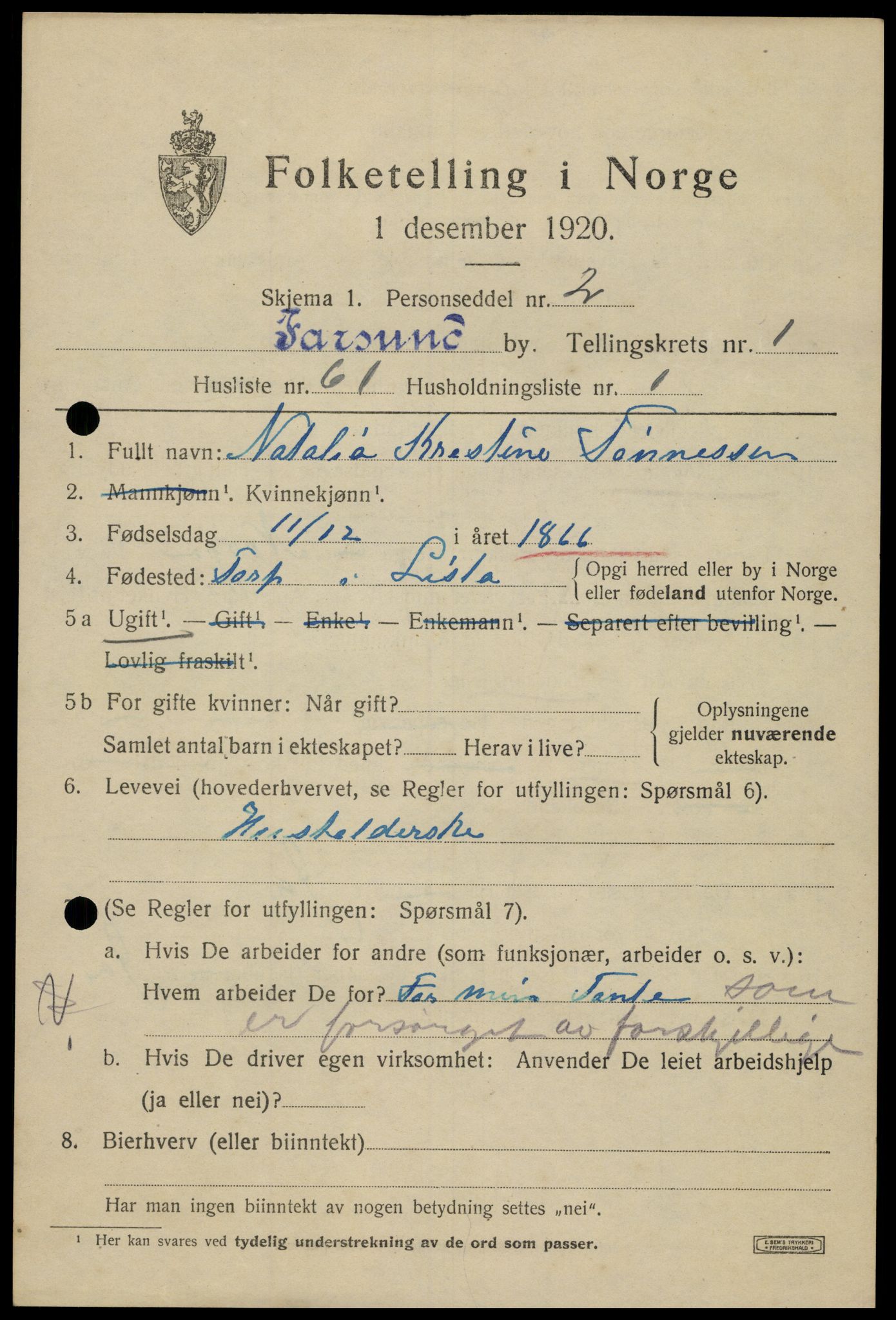 SAK, 1920 census for Farsund, 1920, p. 1959