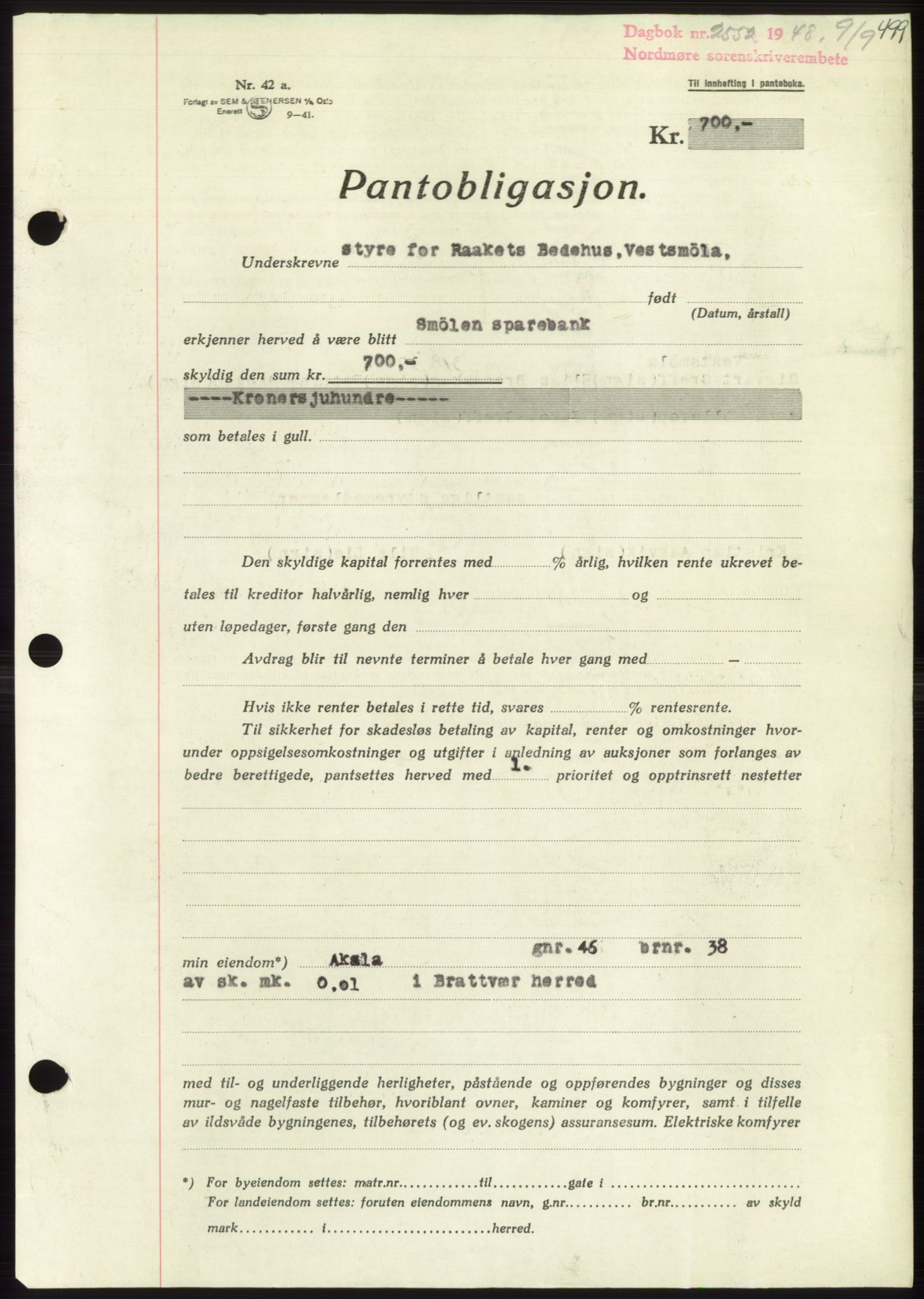 Nordmøre sorenskriveri, AV/SAT-A-4132/1/2/2Ca: Mortgage book no. B99, 1948-1948, Diary no: : 2552/1948