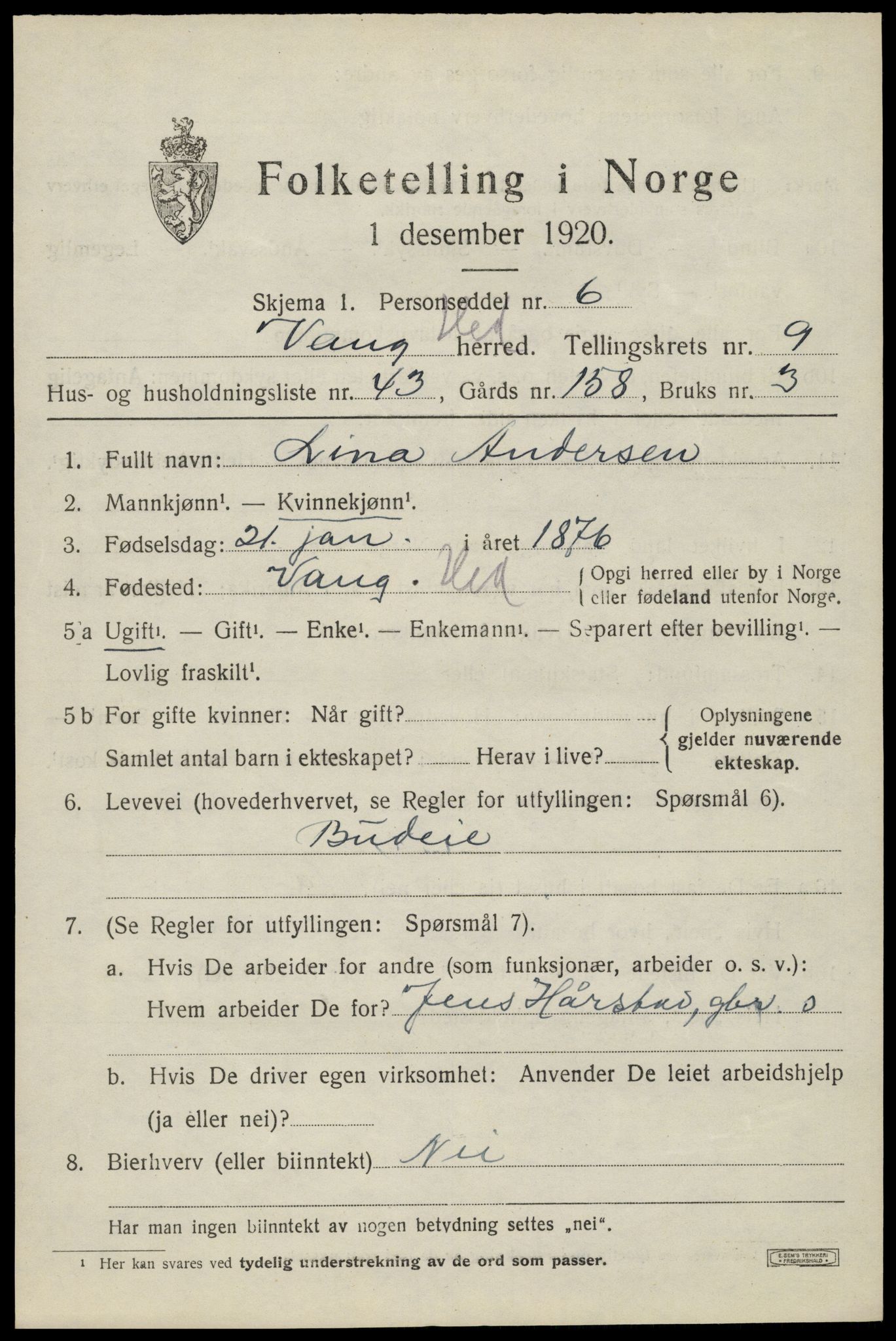 SAH, 1920 census for Vang (Hedmark), 1920, p. 18613