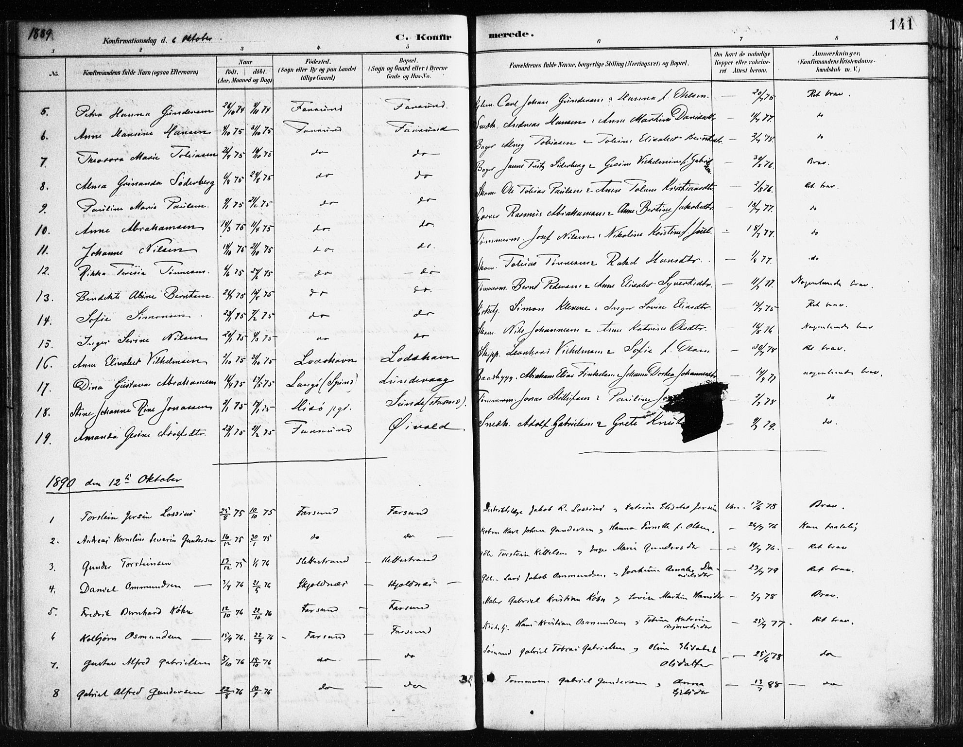 Farsund sokneprestkontor, SAK/1111-0009/F/Fa/L0006: Parish register (official) no. A 6, 1887-1920, p. 141