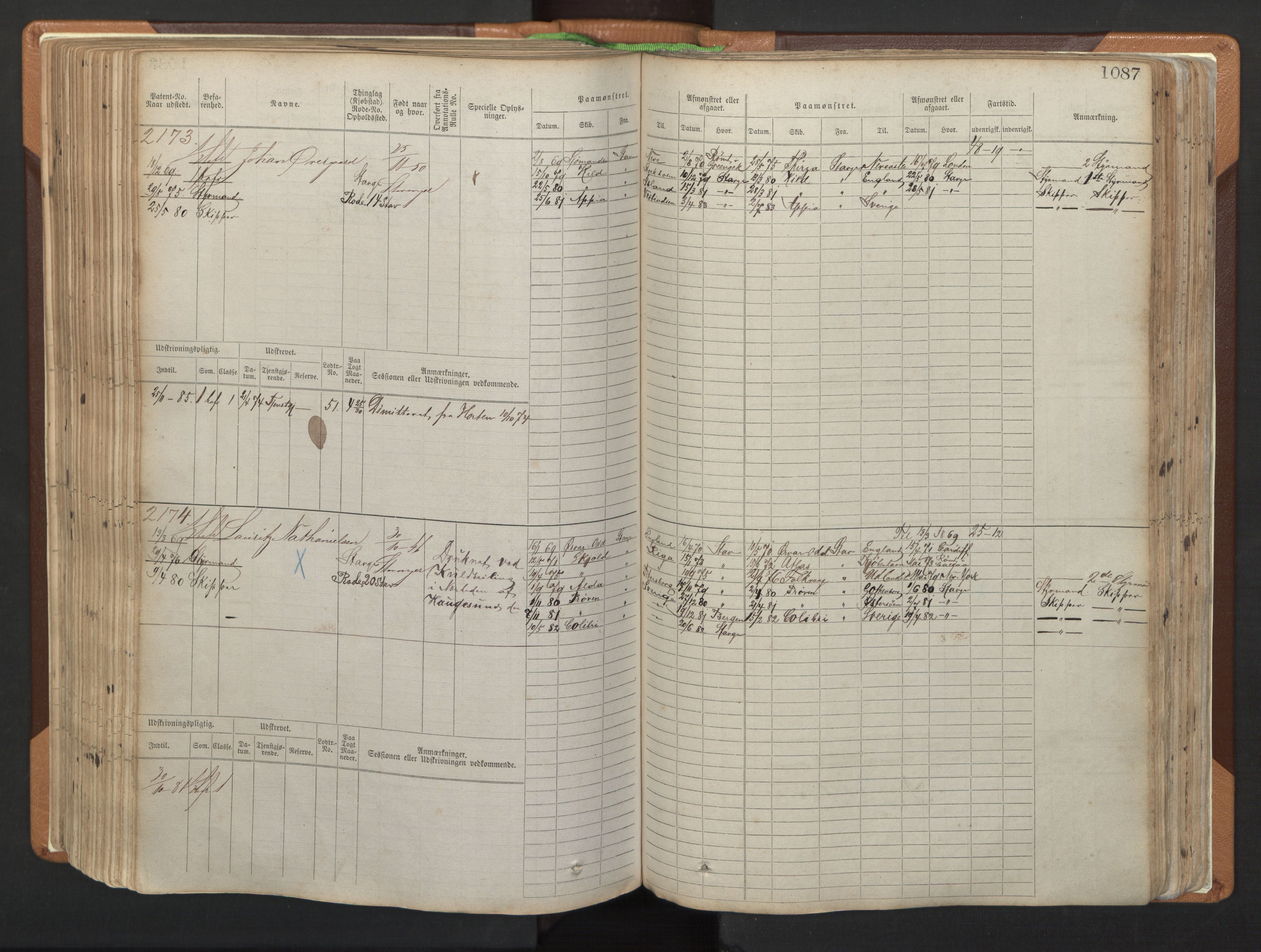 Stavanger sjømannskontor, AV/SAST-A-102006/F/Fb/Fbb/L0006: Sjøfartshovedrulle, patentnr. 1607-2402 (del 3), 1869-1880, p. 287