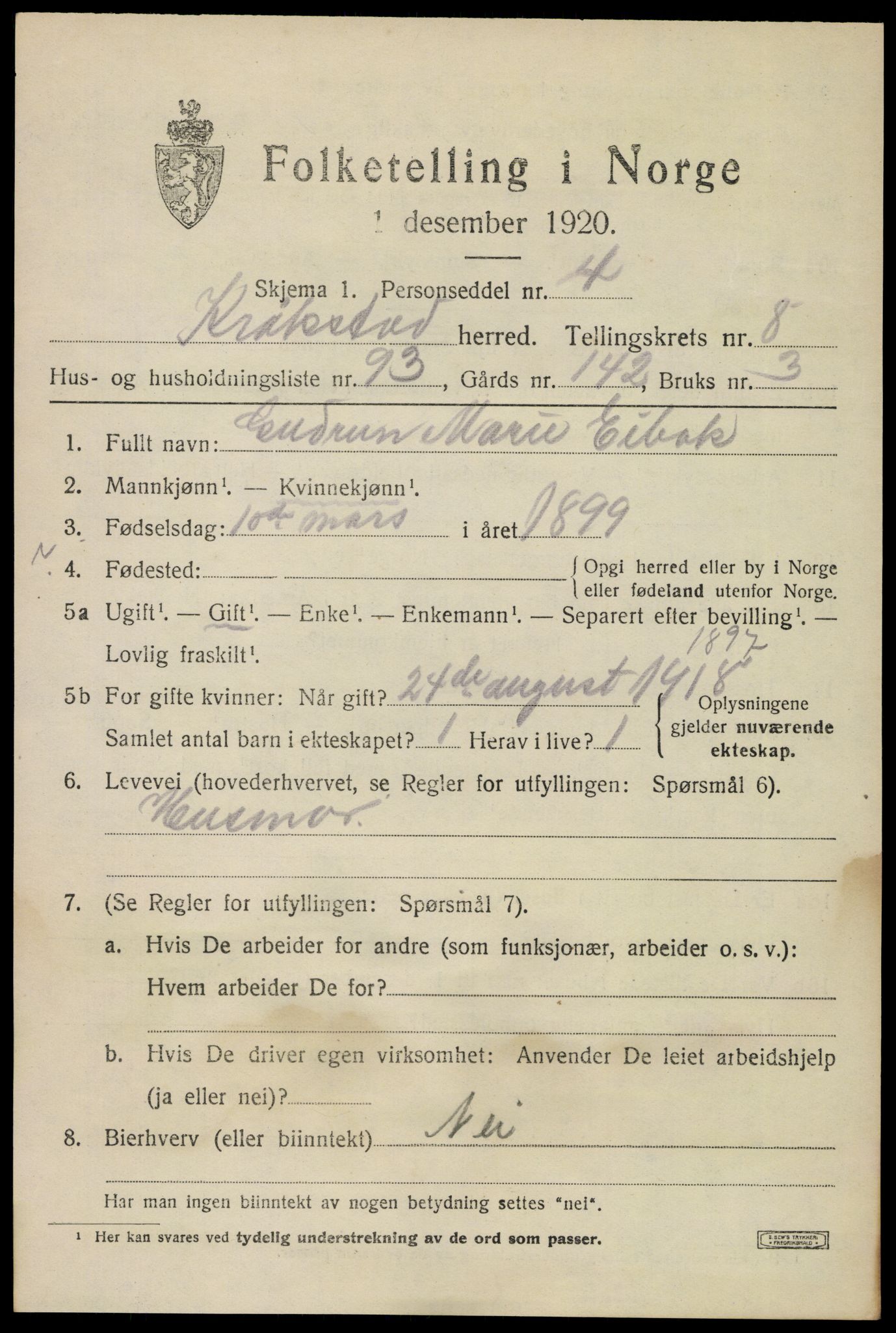 SAO, 1920 census for Kråkstad, 1920, p. 9585