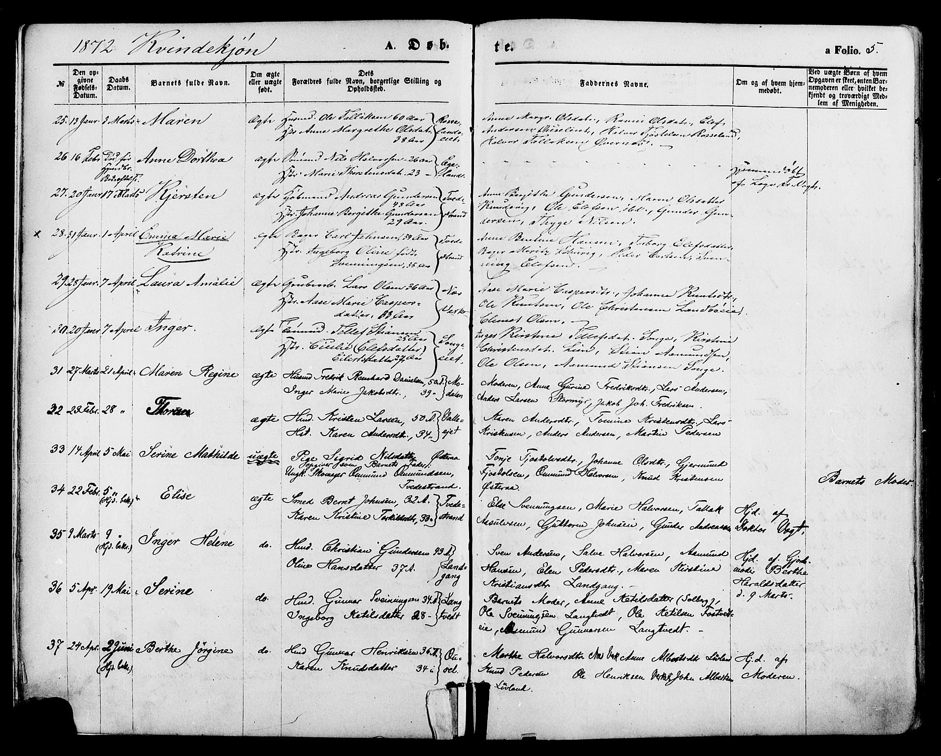 Holt sokneprestkontor, SAK/1111-0021/F/Fa/L0010: Parish register (official) no. A 10, 1872-1885, p. 5