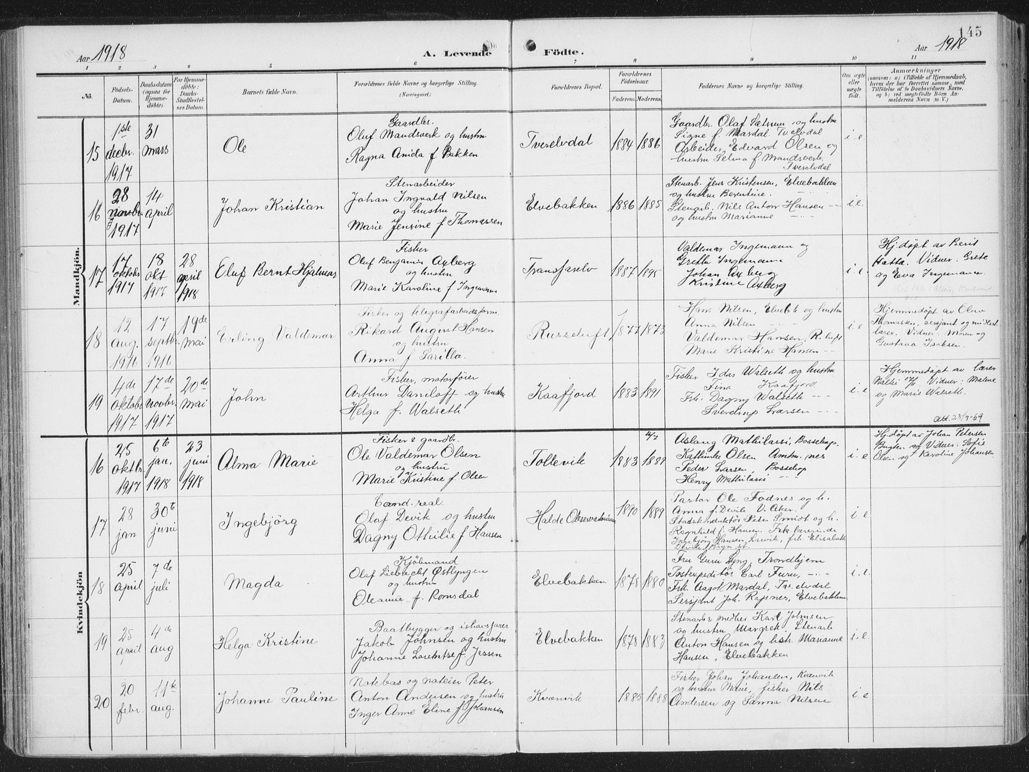Alta sokneprestkontor, AV/SATØ-S-1338/H/Ha/L0005.kirke: Parish register (official) no. 5, 1904-1918, p. 145