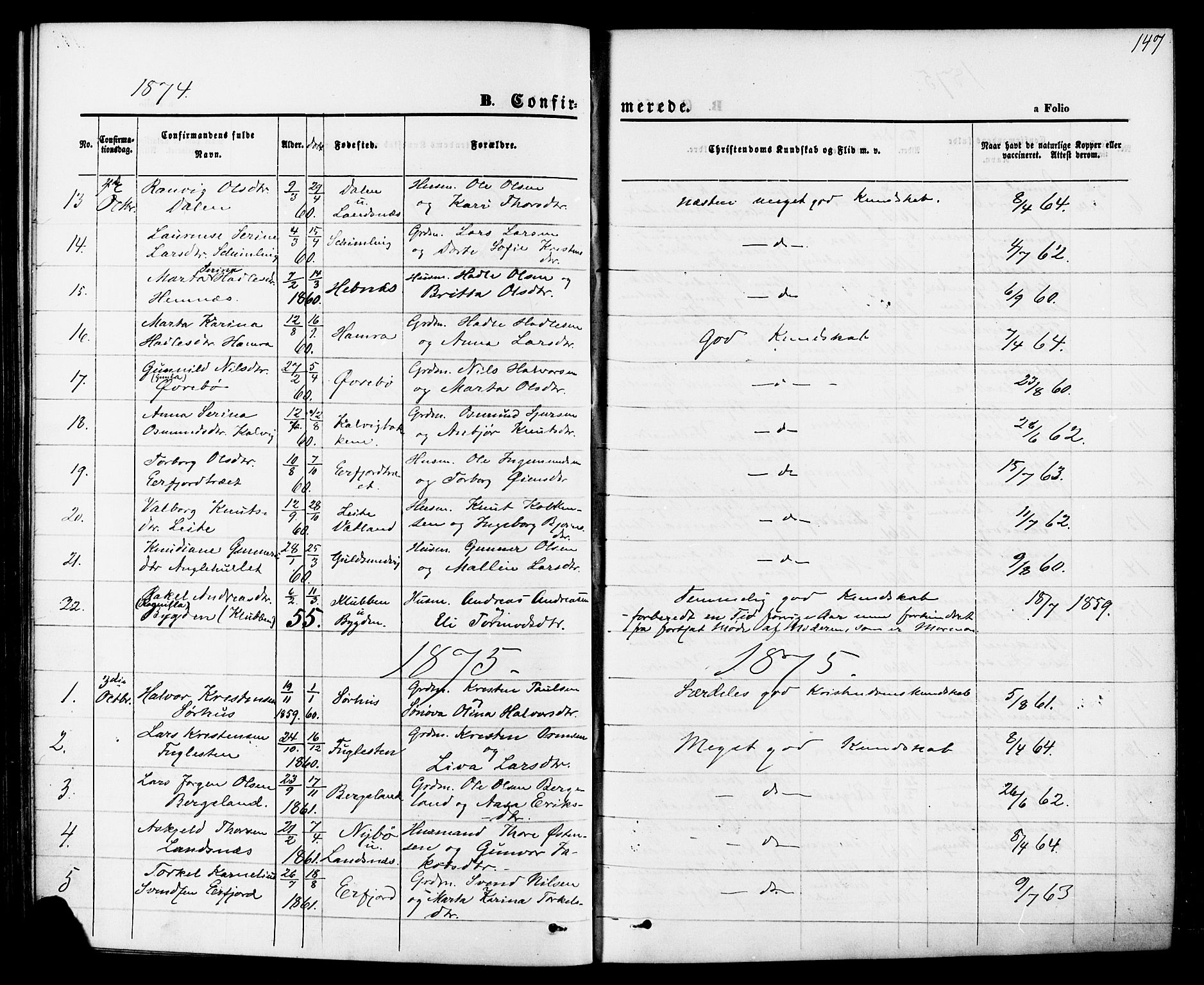 Jelsa sokneprestkontor, SAST/A-101842/01/IV: Parish register (official) no. A 8, 1867-1883, p. 147